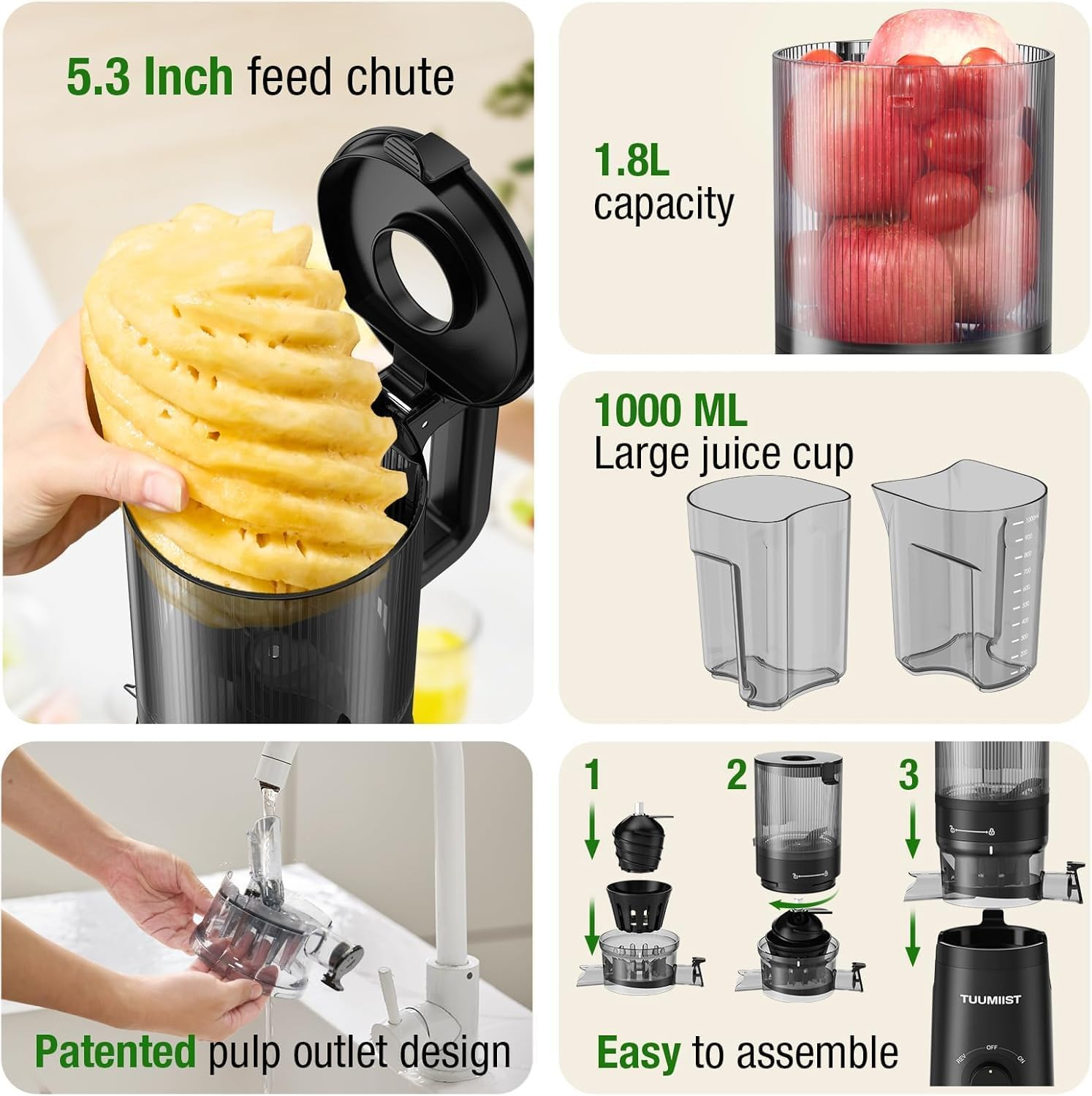 TUUMIIST Cold Press Juicer,Slow Masticating Juicer Machine with 1.8L 5.3" Extra Large Feed Chute Fit Whole Fruits & Vegetables, Masticating Slow Electric Juicer with High Juice Yield, BPA Free (Black) image number 3