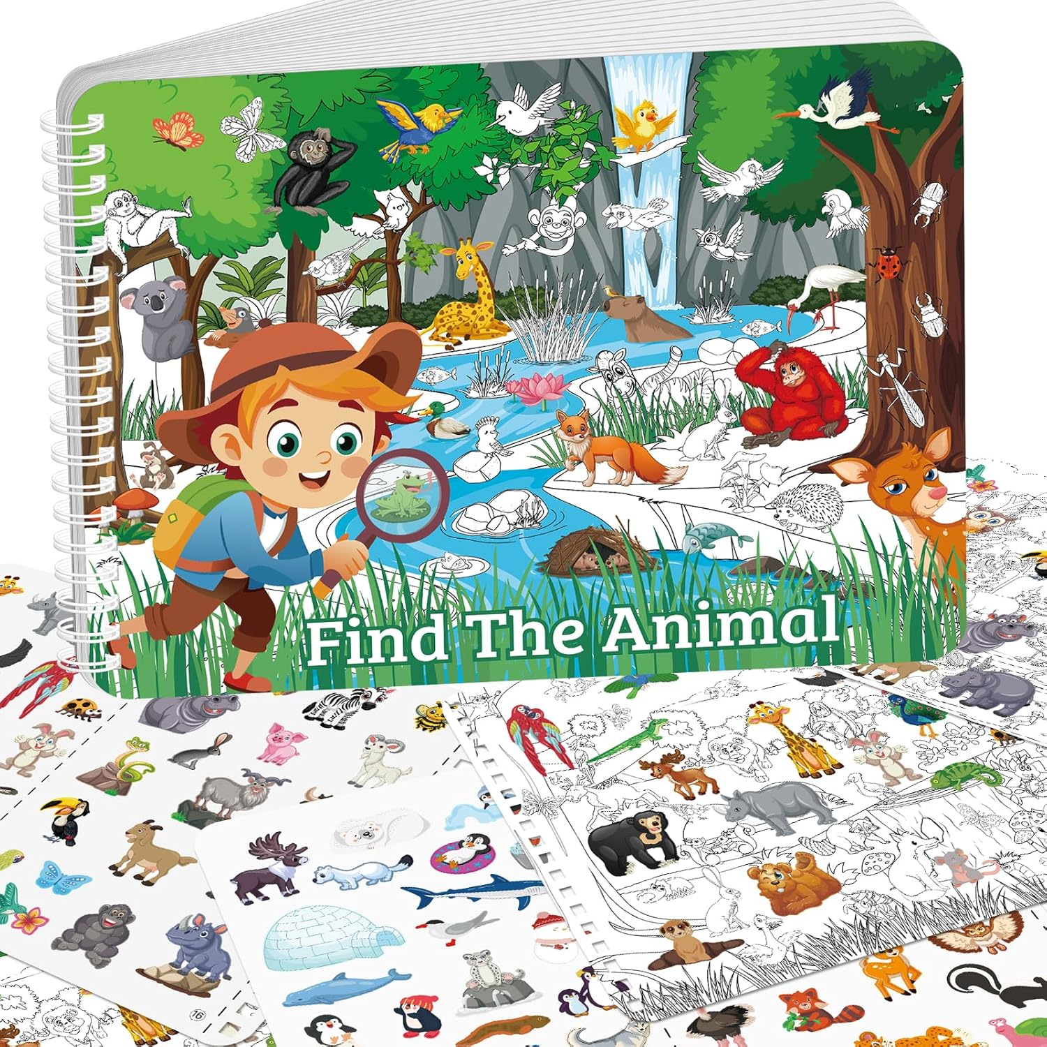 Elfew Find the Animal Sticker Book for Kids Ages 3+, Include 20 Hidden Theme Stickers for Kids, Learning & Educational Travel Toy, Find over 450+ Hidden Object image number 1