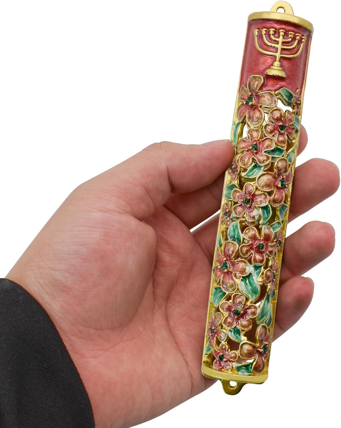 Mrmrkura Mezuzah with Scroll for Door, Enamel&Zinc Alloy Blessing Mezuzah Case, Colored Painted Mezuzha Scroll Kosher for Jewish Gifts/Jewish Decor, Christmas (Red and Gold) - Bright Green image number 4