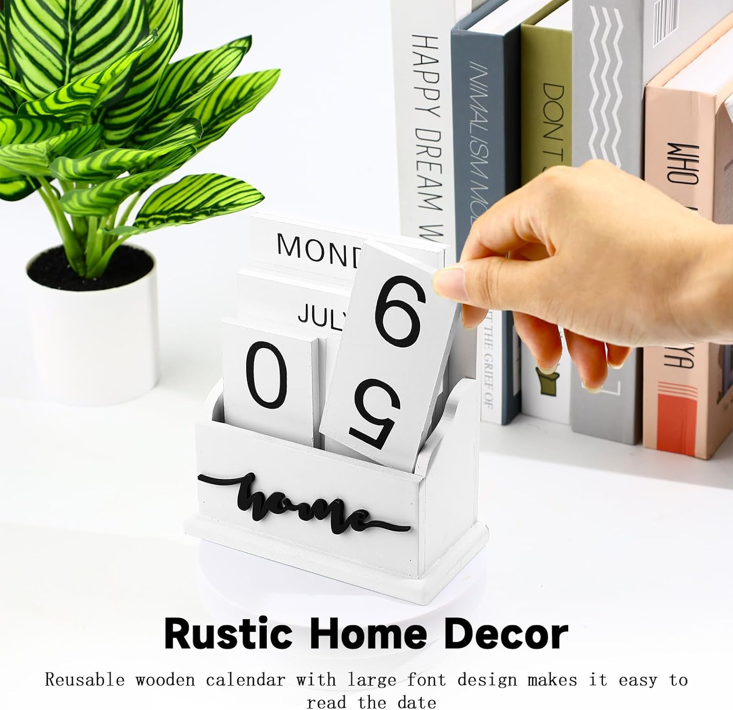 Wooden Block Perpetual Calendar for Desk, Wood Desktop Month Week Date Display Calendar, Rustic Farmhouse Boho Home Office Decor Aesthetic Desk Accessories (White)