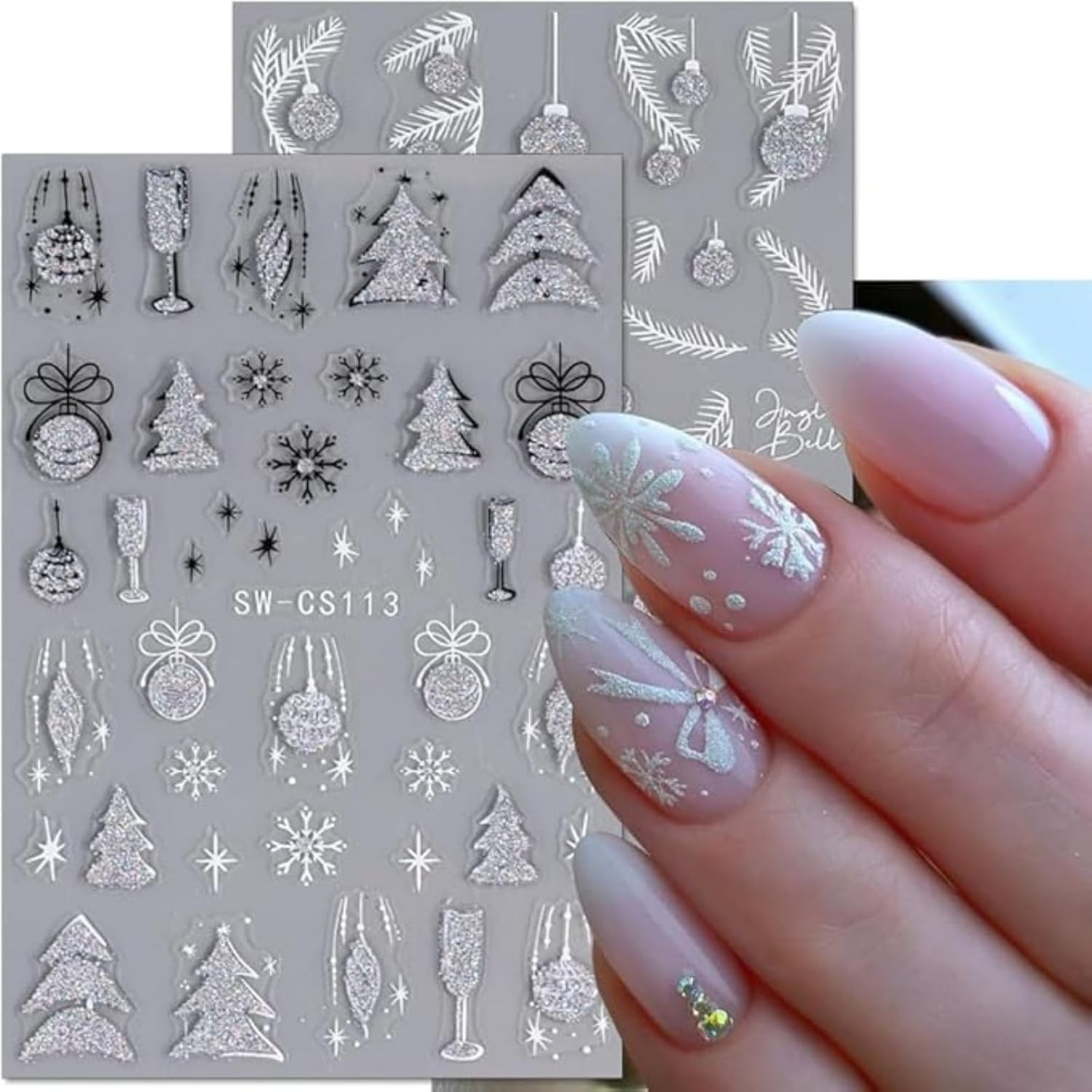 Itadaku 4 Sheets Christmas Nails Stickers, Glitter Xmas Tree, Silver Jingle Bell, Pine Leaf, 3D Snowflake & Star Nail Art Decals, Holiday Nail Design Accessories for Women & Girls image number 4