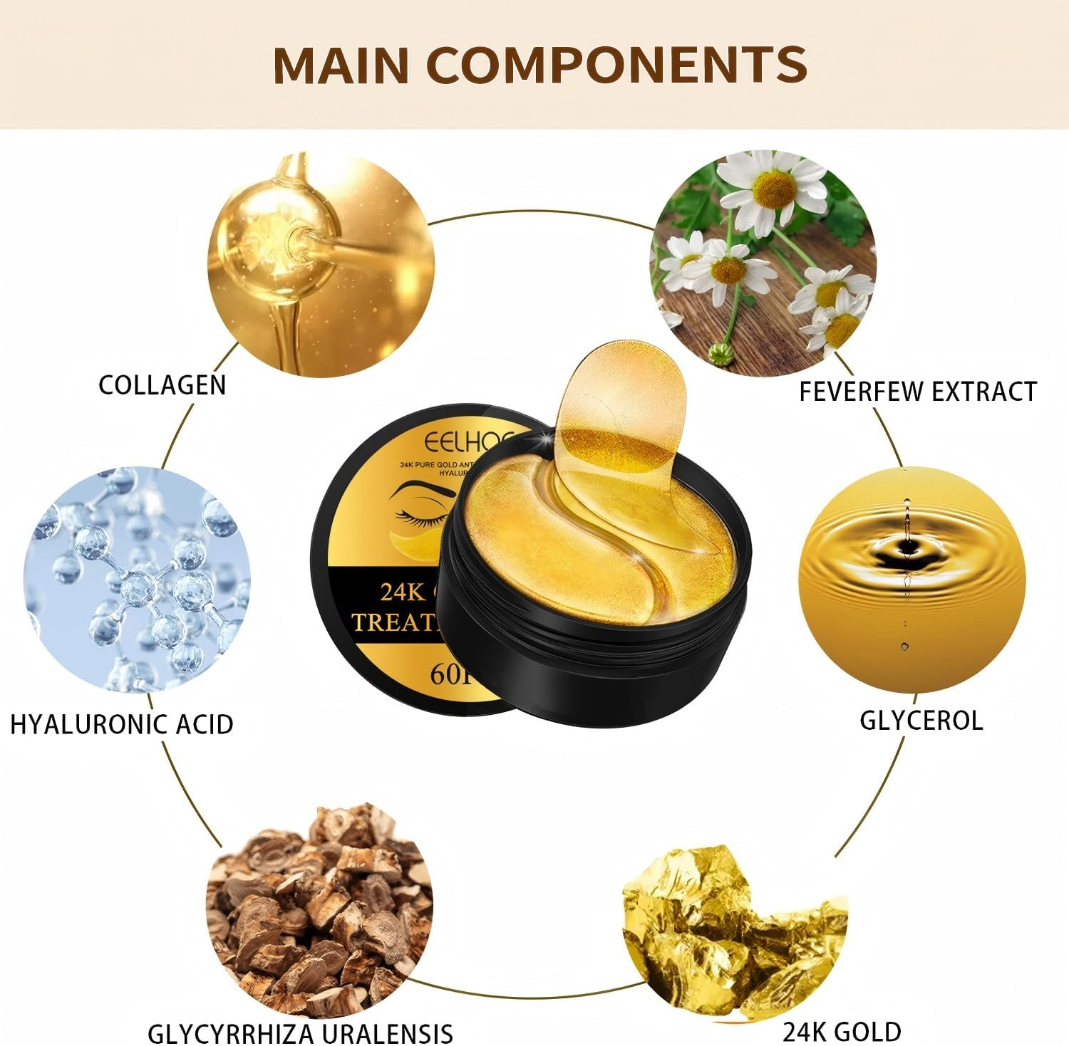 60Pieces/30 Pairs under Eye Patches, Collagen 24K GOLD under Eye Masks, for Puffy Eyes, Dark Circles,Bags and Wrinkles, for Elasticity, Revitalises and Refreshes Your Skin (Gold) image number 1