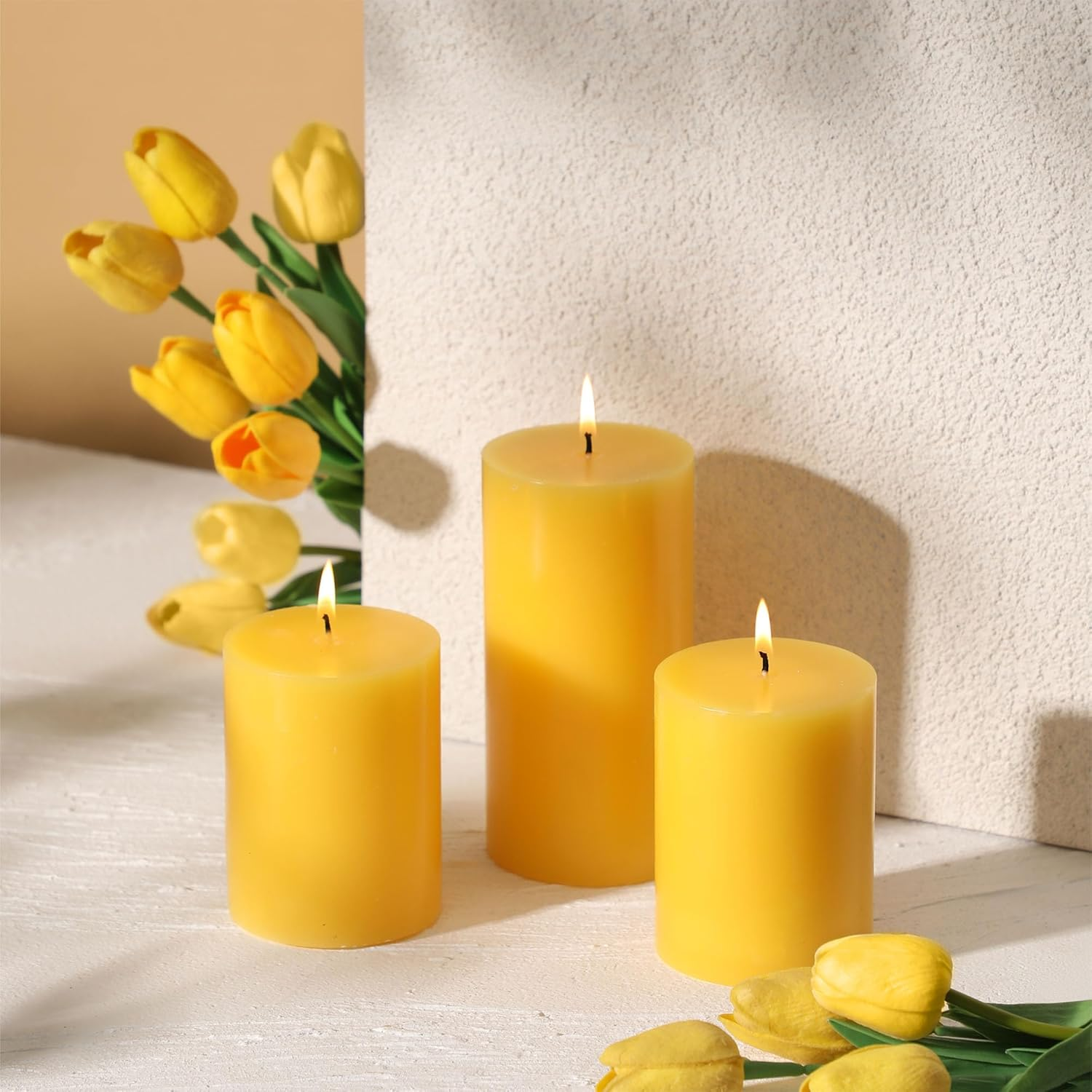 3X4 Inch Yellow Pillar Candles Set of 3 - Decorative Unscented Pillar Candle, Long Burning Dripless Candle for Table Decor, Smokeless Large Pillar Candles for Wedding Table Decor image number 3