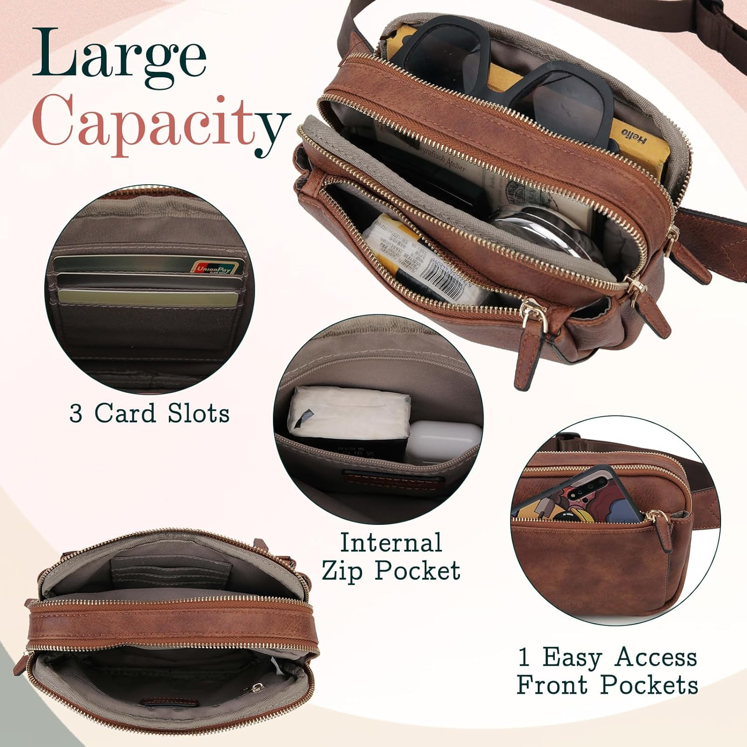 VX VONXURY Fashion Belt Bag,Vegan Leather Fanny Packs with Adjustable Strap,Trendy Small Crossbody Waist Bag (All Brown-Faux Leather) - Off White Brown-Faux Leather image number 6