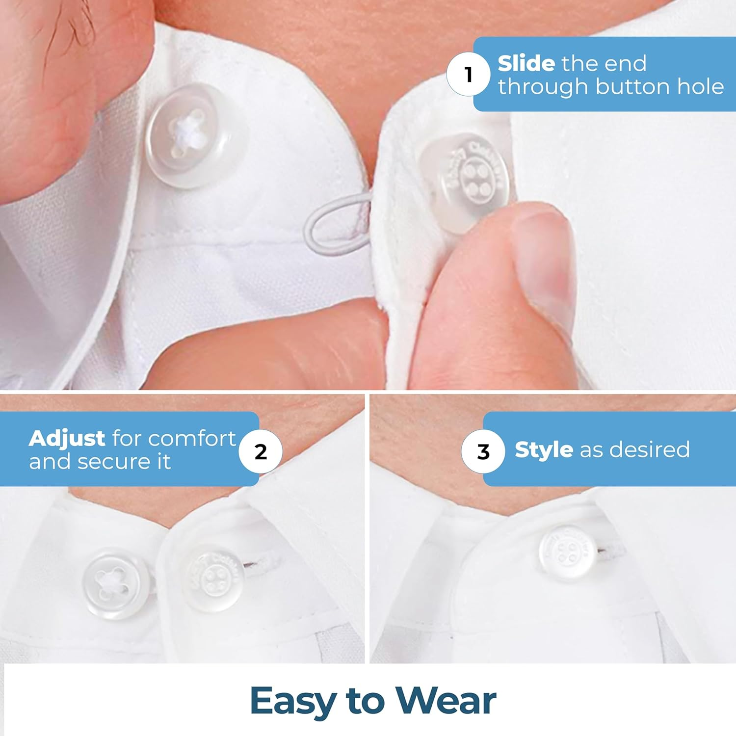 Net Focus Men and Women'S Shirt Collar Extenders - Dress Shirt, Cuff, Vests, Pants, and Neck Button Extender - Soft & Elastic Seamless Blend Design - 3-Pack - White, White (3-Pack), One Size