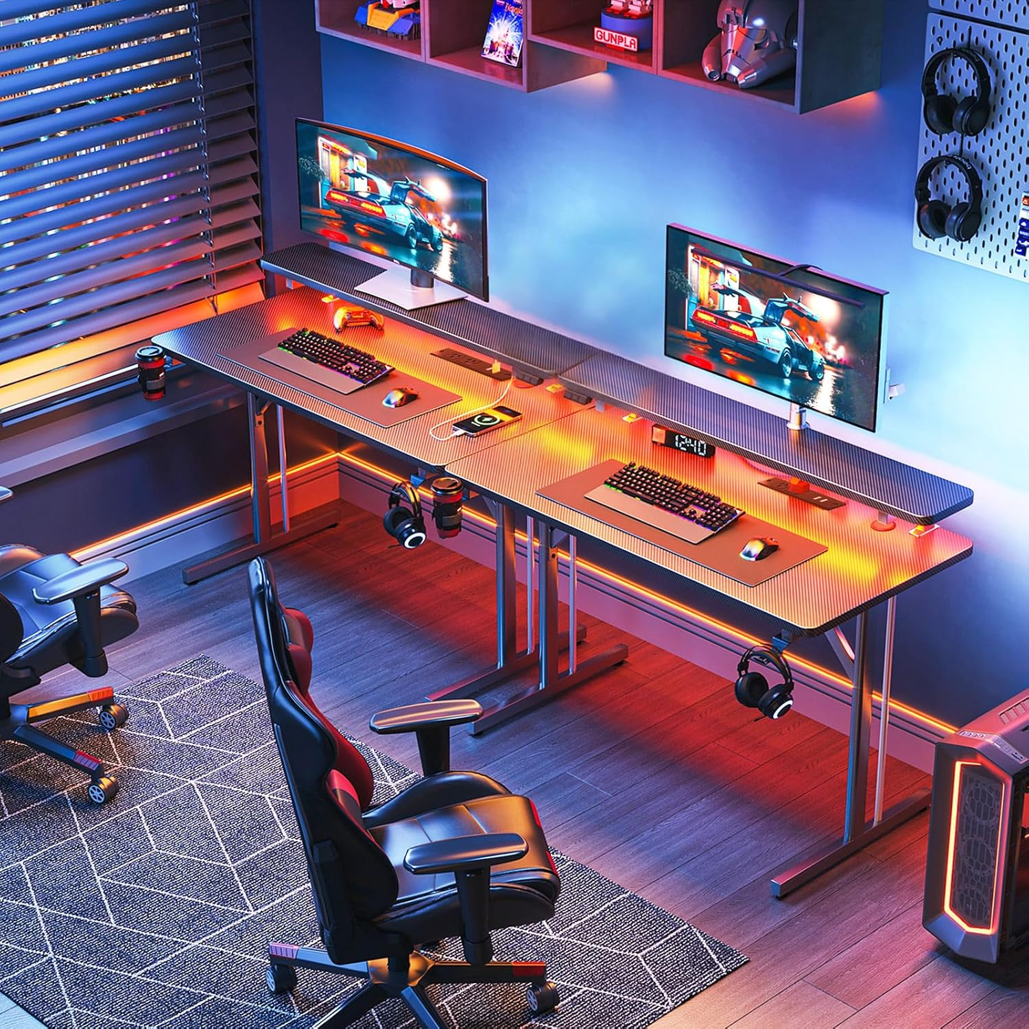 ODK Gaming Desk with LED Lights & Power Outlets,10 Color Adjustable,Gaming Table with Monitor Shelf, Gomputer Desk, Computer Table, 80 * 50 * 88Cm, Black image number 4