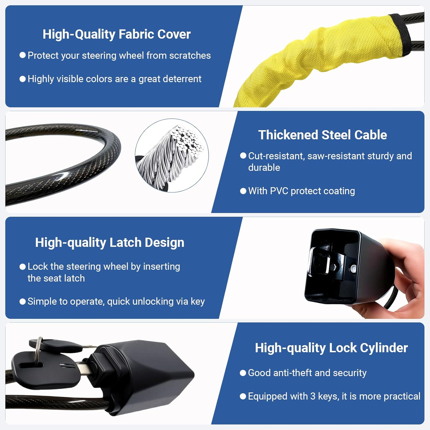 Car Steering Wheel Lock, Lightweight anti Theft Club Lock, 43Cm Universal Seat Belt Buckles Sturdy Lock with 3 Keys, Fit Most Vehicle Car SUV Truck Van (Yellow) image number 1