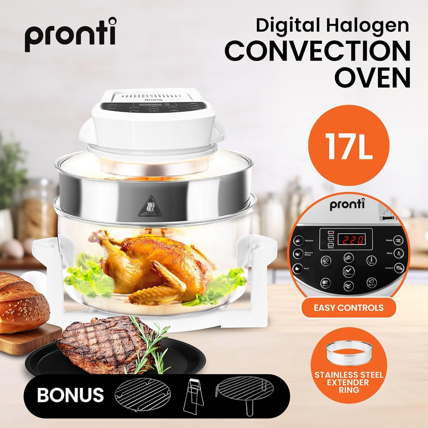 Pronti 17L Convection Oven Digital Halogen Family Turbo Black Healthy Broiler Cooker 1400W Roast Bake Grill BBQ Fry Defrost - White image number 3