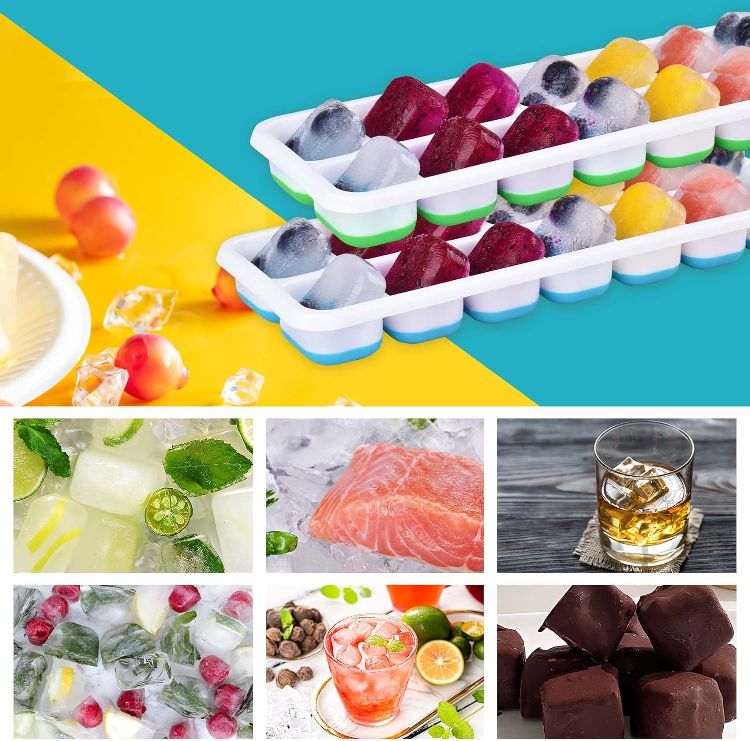 2 Pack Ice Cube Trays, Reusable Silicone 14-Ice Cube Trays with Spill-Resistant Removable Lid, Stackable Ice Trays with Covers for Freezer, Cocktail, Coffee (Blue + Green) image number 6