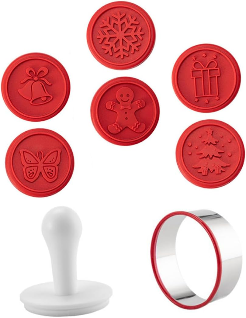 1Set Christmas Cookie Seal Hand Press Baking Molds Biscuit Cutters Christmas Patterns and Handle Reusable Silicone Stamp Kit for Holiday Baking image number 3