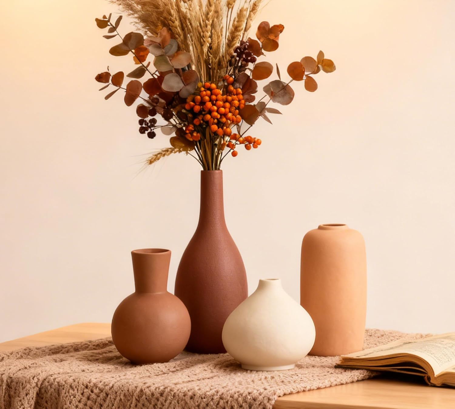 VASETOPIA Beige Vase Set of 4, Elegant Ceramic Flower Vase Minimalist Boho Home Decorations for Living Room, Table, Gifts (09 Beige)