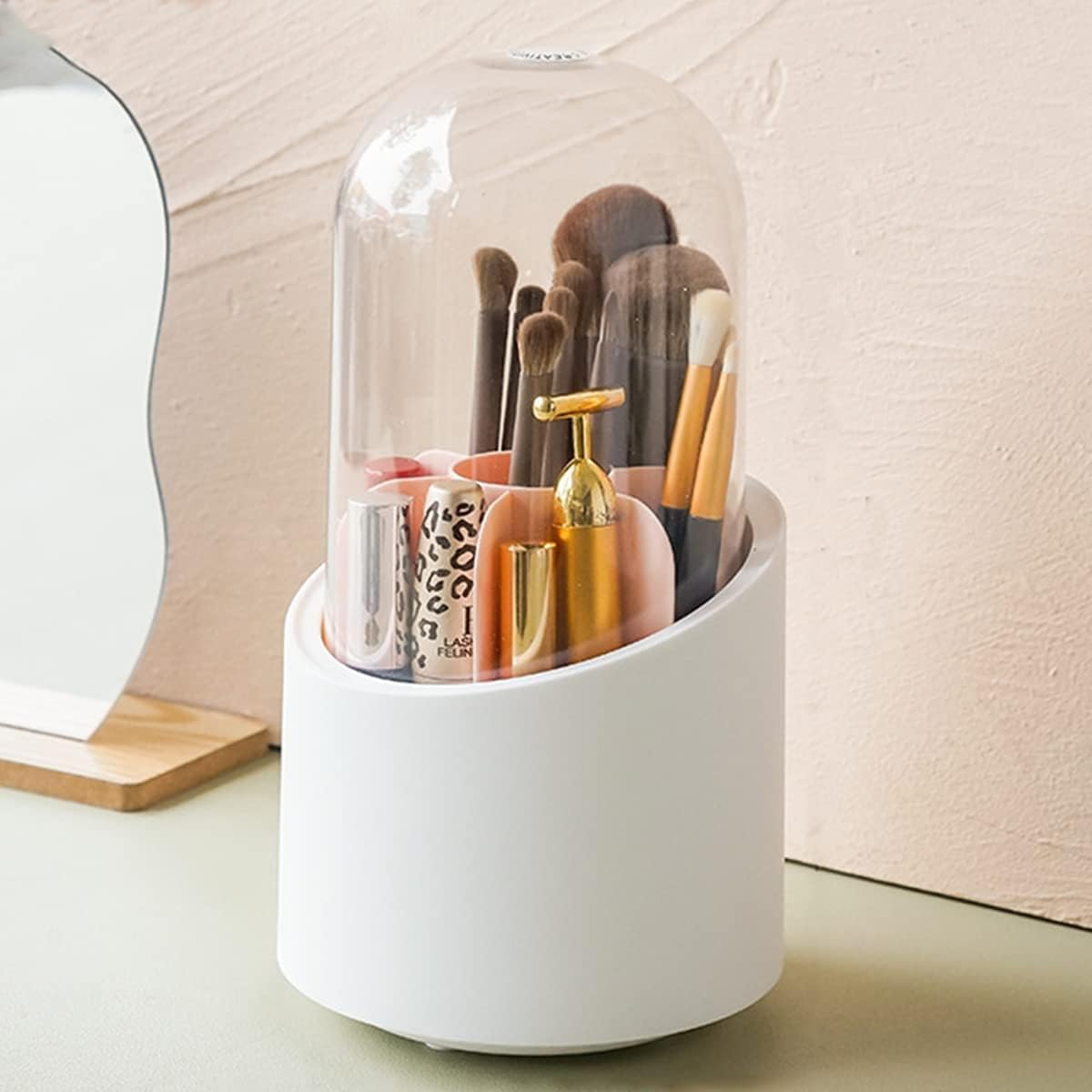 Makeup Brush Holder,360&deg; Rotating Cosmetic Organiser, Make up Storage Cosmetic Box with Dustproof Lid, for Dresser, Bedroom, Bathroom,Cosmetic Display Cases(Pearl Girl Pink) image number 1