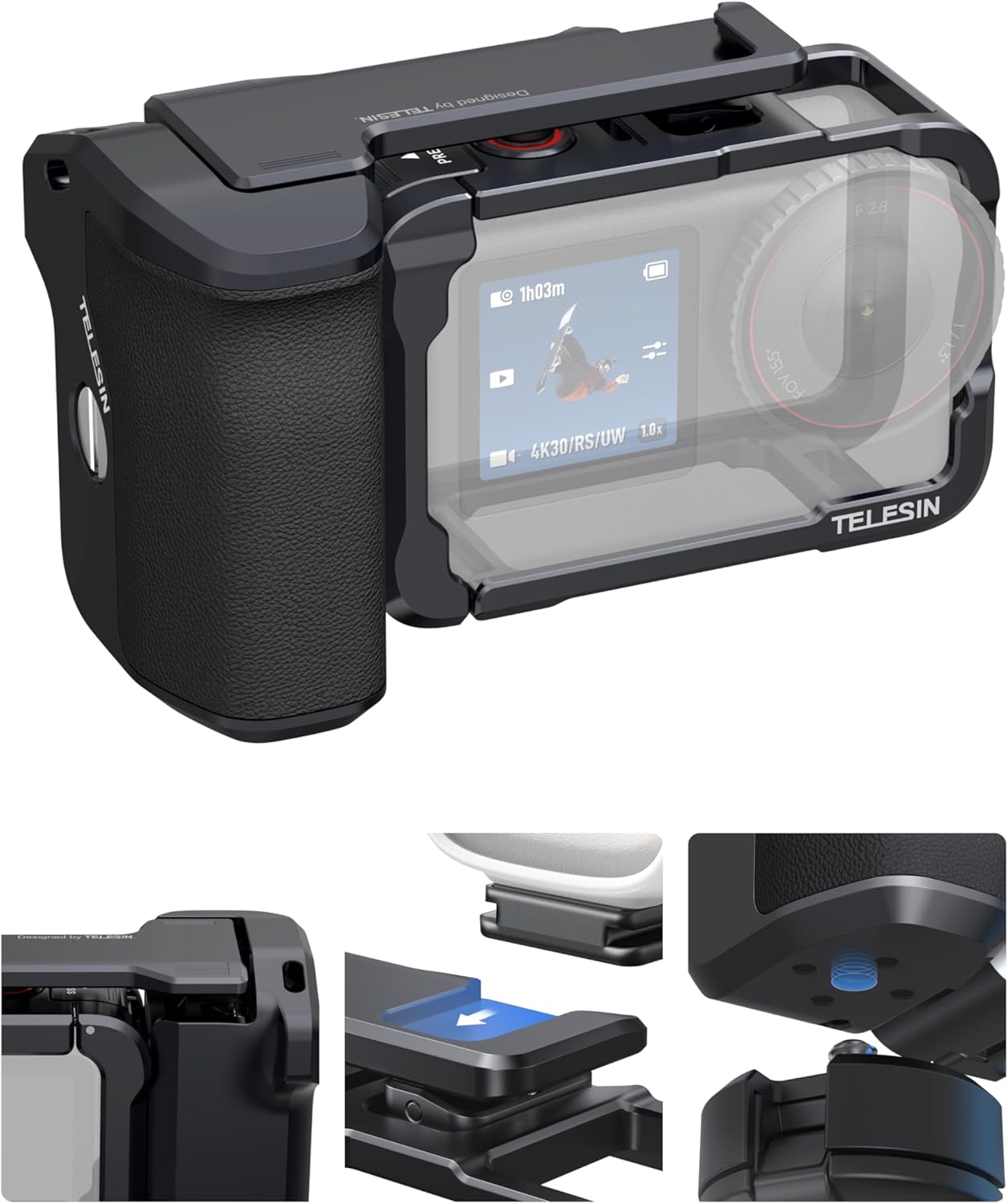 TELESIN Metal Aluminum Alloy Street Grip Kit for DJI Action 6 with Metal Cage Camera Grip Holder with Seesaw Shutter Button Aluminum Alloy Shell Backup TF Card Slot Quick Battery Access image number 5