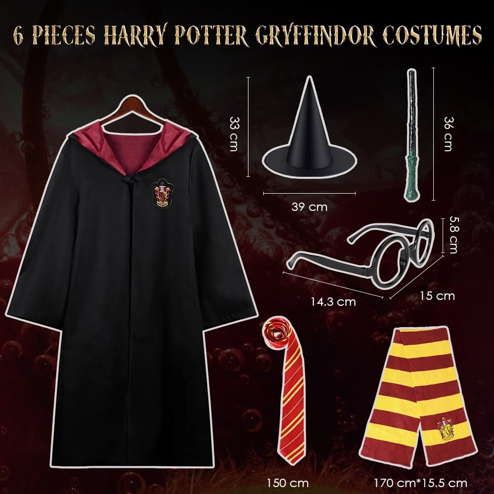 AUTOWT Unisex Wizard Cloak Costume Set for Adults, 6Pc Magician Wizarding Robe Outfits with Hooded Cape Magic Hat Wand Scarf Glasses Tie Movie Dress up Accessory for School Carnival Halloween Cosplay