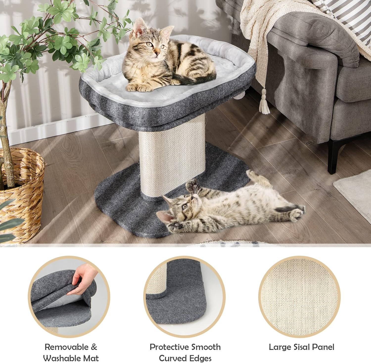 Costway Modern Cat Tree Tower for Kittens, Cat Activity Tower W/Large Plush Perch & Sisal Scratching Plate, Interactive Ball, Cat Home Furniture for Indoor Cats to Play Rest