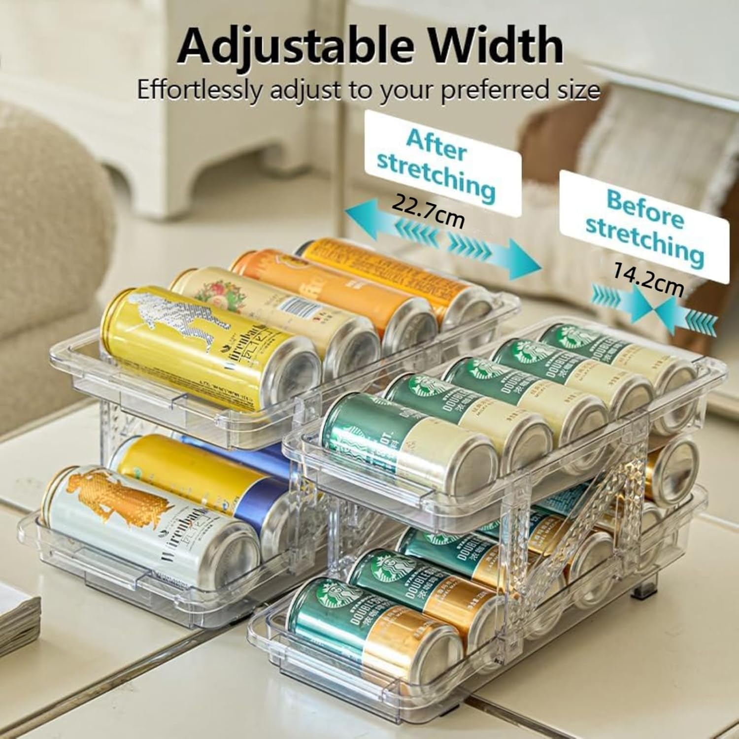 Soda Dispenser with Adjustable Width,Refrigerator Can Organiser,2-Layer Automatic Rolling Can Organiser Retractable Storage for Freezer,Kitchen, Fridge, Pantry, Cabinets, Clear image number 6