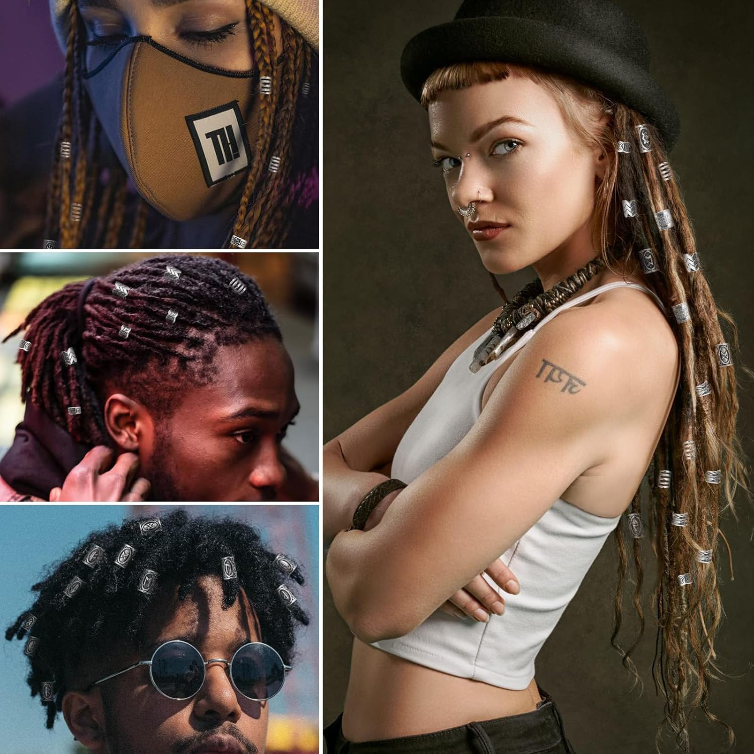 44 Pcs Viking Rune Beads for Hair, Beard & Jewelry - 96Pcs Metal Alloy round Braiding Beads with 50 Rubber Bands & Storage Box