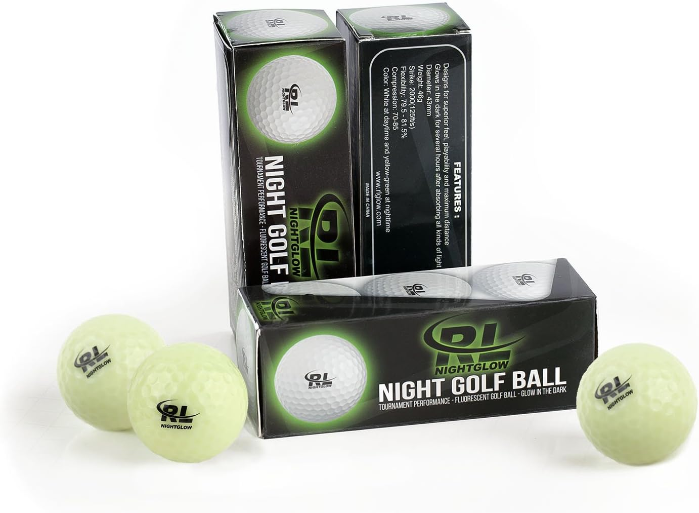 R&L Night Golf Balls Glow in the Dark - Best Hitting Tournament Fluorescent Golf Ball- Long Lasting Bright Luminous Balls Rechargeable with Any Flashlight - NO LED Inside - 3 Pack + Flashlight image number 5