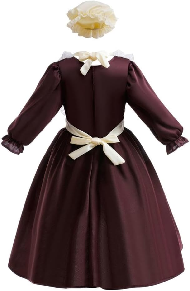 Dressy Daisy Pioneer Colonial Prairie Maid Dress Costume Clothing with Apron and Bonnet Mob Cap for Toddler Little Girls, Brown image number 3