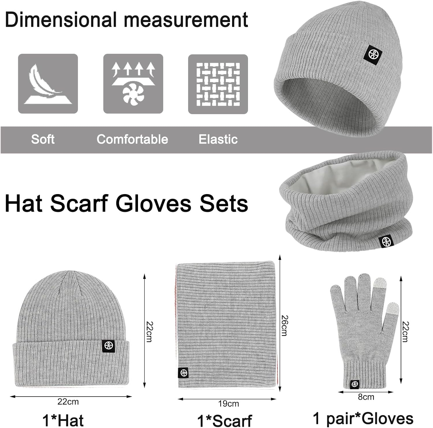 Enwokran 3 In1 Winter Beanie Hat Scarf Gloves Set Thermal Warm Knitted Beanie Cap Soft Fleece Brushed Inner Lining Elastic Circle Neck Warmer Thicken Touchscreen Gloves Winter Set - Light Grey image number 1