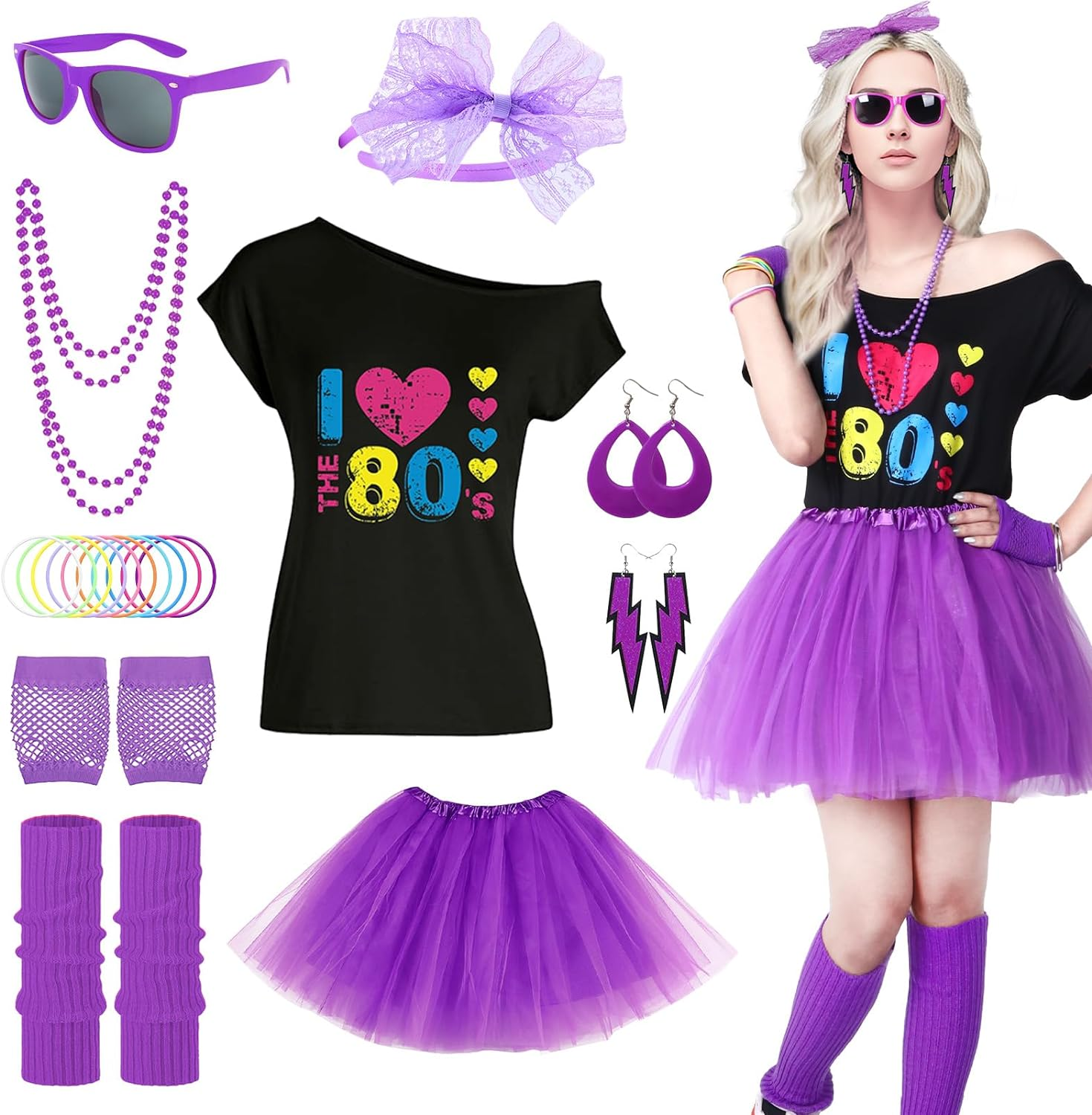 80S Fancy Dress for Women 80S Costume Accessories Set Lips Print T-Shirt Adult Tutu Skirt Lace Headband Neon Earrings Necklace Leg Warmers Fishnet Gloves Bracelet