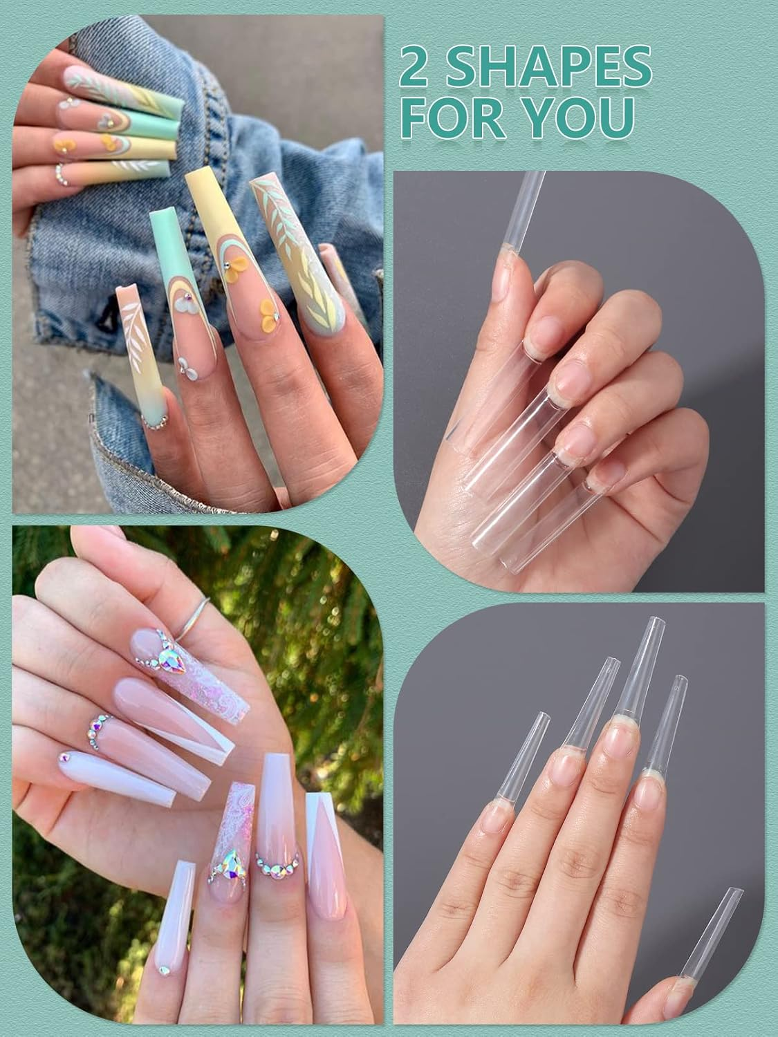 480PCS XL Long Clear Nail Tips, 240PCS Coffin Nails Tips with 240PCS NO C Curve Square Nail Tips for Acrylic Nails Professional, Half Cover Straight Ballerina Nail Extension Tips for Nail Salons Home image number 1