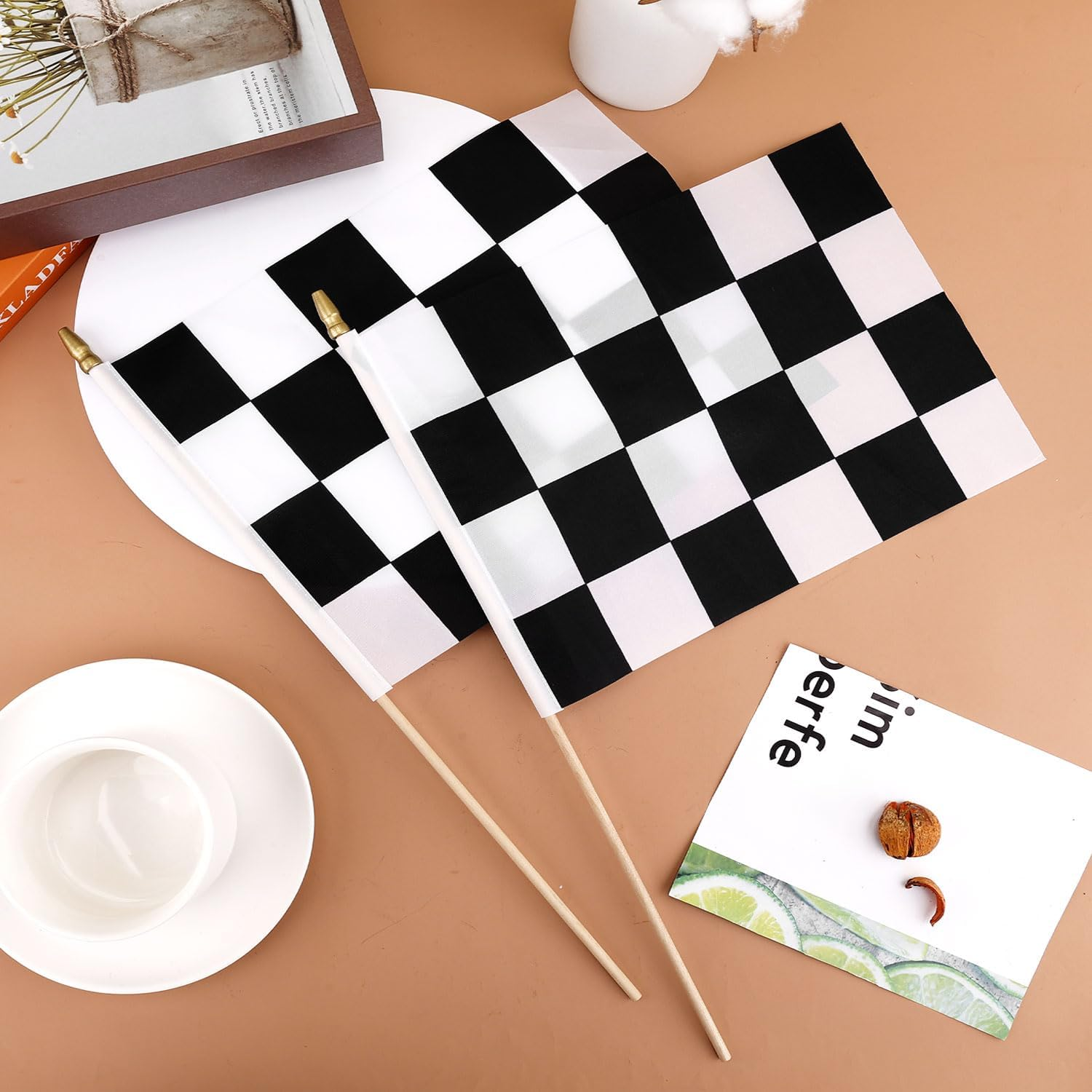 12Pcs Racing Flags, 8X5.5In Checkered Flags on Sticks with Spear Top Handheld Black and White Flags Reusable Checkered Stick Flags for Party Decorations