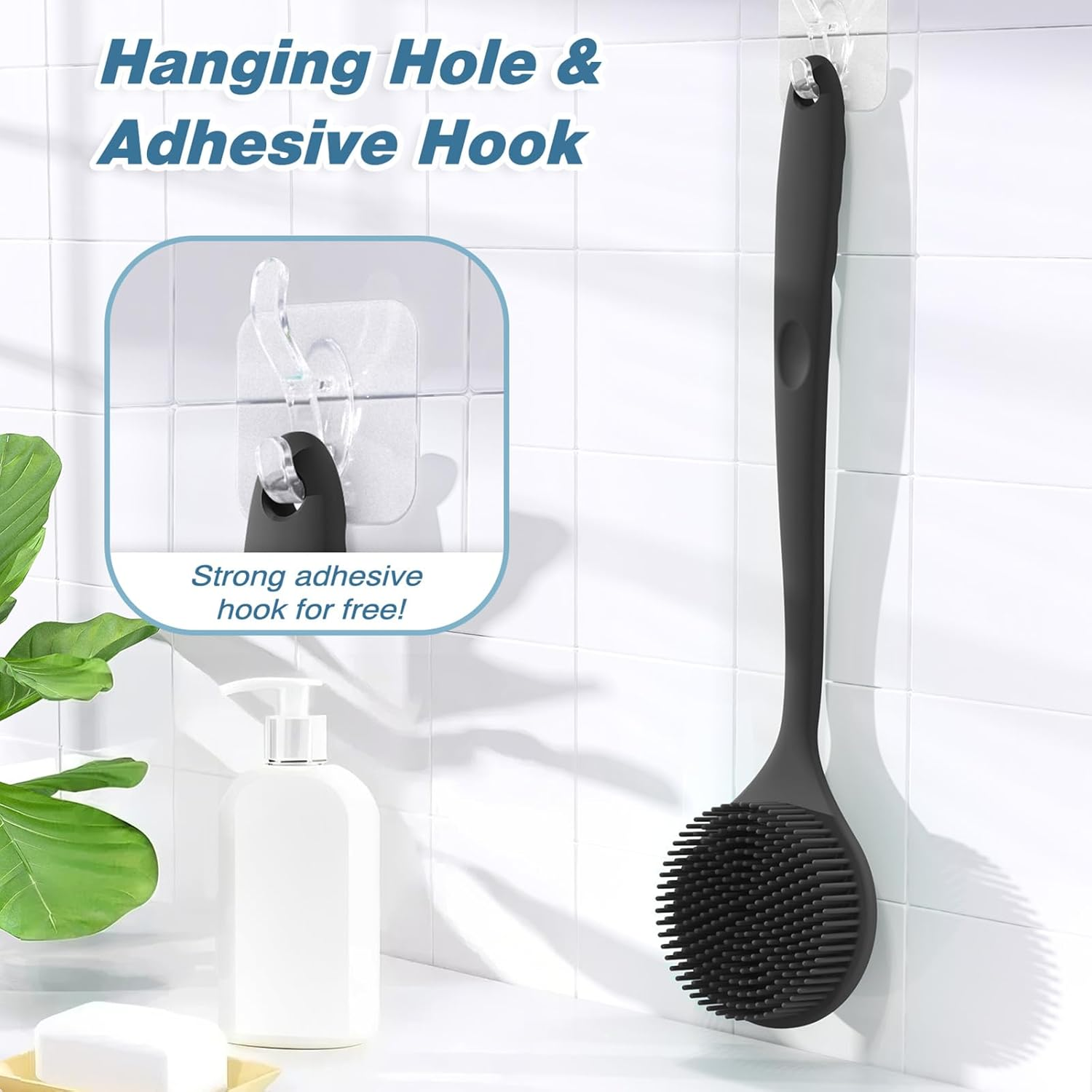 Manmihealth Silicone Back Scrubber for Shower(Thick Bristles), Body Scrubber with 15'' Long Handle, Light & Easy-To-Hold Shower Brush for Skin Exfoliating and Massaging, Not Good in Lathering.(Black) image number 4