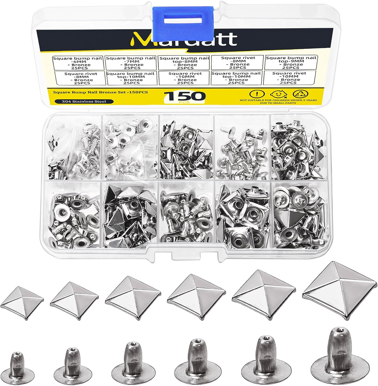 Mardatt 150Pcs 6 Sizes Gold Spike Rivet Pyramid Rapid Rivet Studs, 6Mm 7Mm 8Mm 9Mm 10Mm 12Mm Square Punk Spikes Pyramid Rapid Rivet Studs Nail Heads for DIY Leather Craft Decoration(Gold）