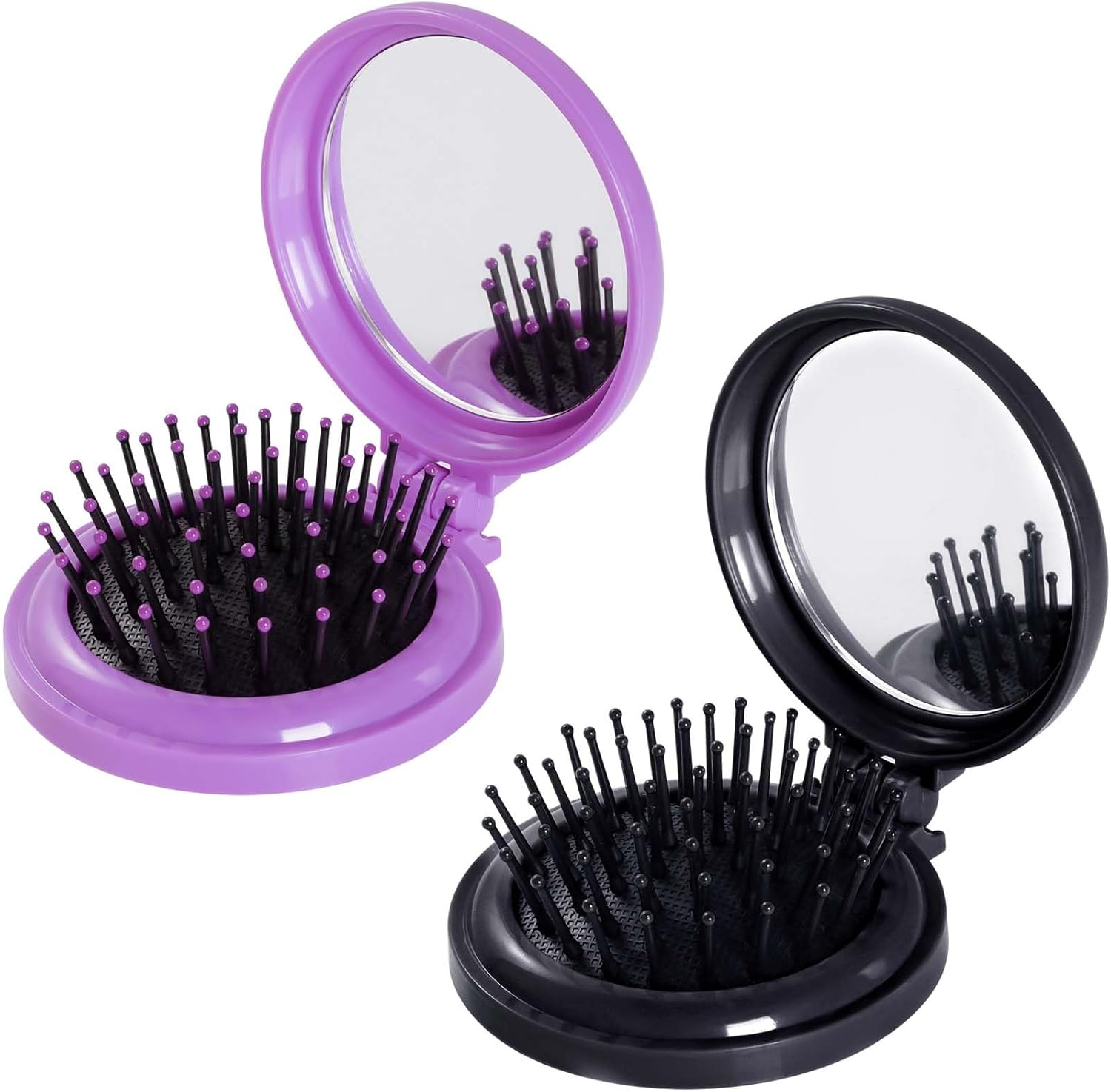 2Pcs Folding Travel Mirror Hair Brushes round Mirror Pocket Hair Brush Portable Mini Pop up Hair Brushes for Women Girls Wet and Dry Hair (Black)