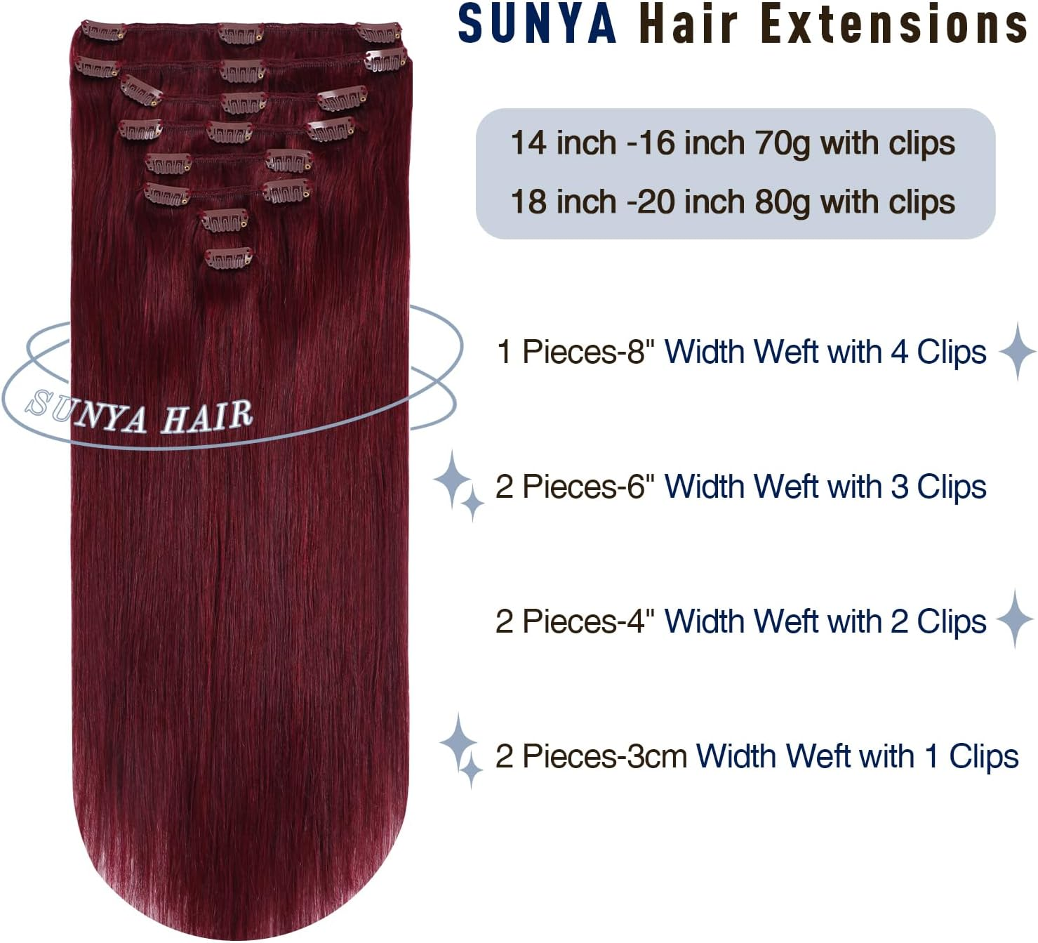 Sunya Clip-In Real Hair Extensions, Burgundy Real Human Hair Extensions, Invisible, 45 Cm, Semaless Clips, 7 Pieces, 80 G/Pack, #99J image number 5