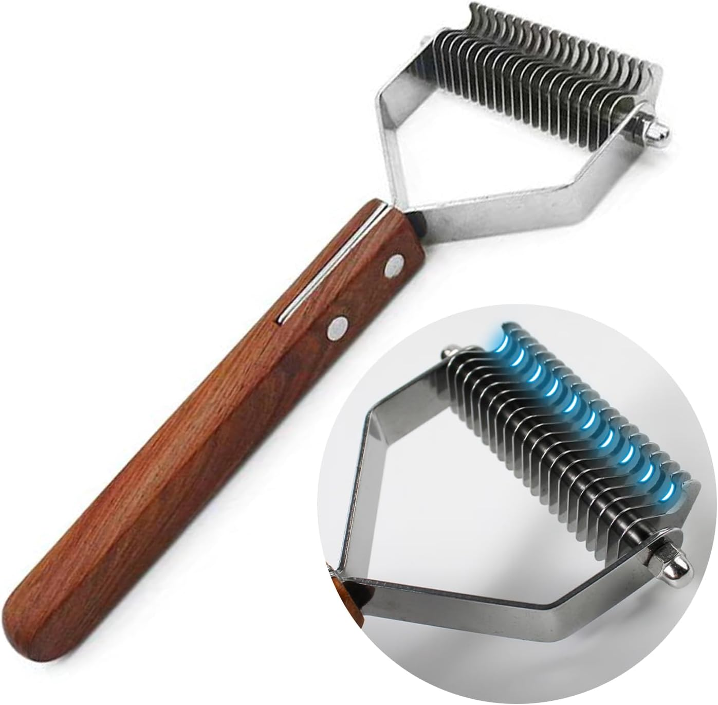 20-Blade Dog Grooming Rake - Professional Undercoat Remover for Medium/Large Dogs & Cats, Stainless Steel Dematting Tool with Solid Wood Handle, Shedding Brush for Mats, Tangles & Flying Fur image number 2