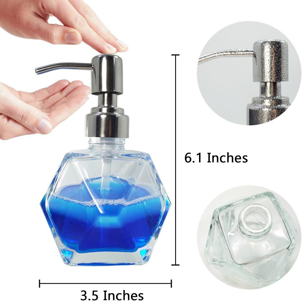Modern Geometric Shape Clear Glass Soap Dispenser Lotion Dispenser Bottle with Rust Proof Stainless Steel Pump for Kitchen Bathroom Accessory Countertop Great for Soap Lotions and Body Oil.