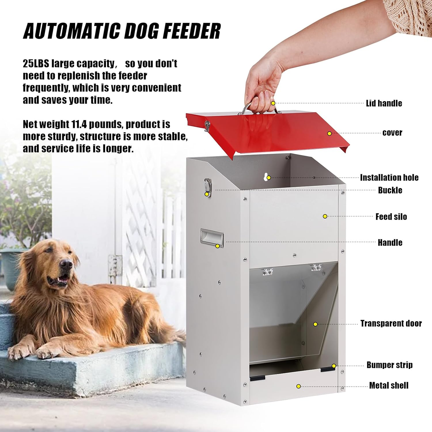 KHEARPSL Galvanized Automatic Dog Feeder Large Breed Dog Food Dispenser for Large Dogs, 25Lbs Outdoor Pets Feeder Gravity Food Feeder image number 5