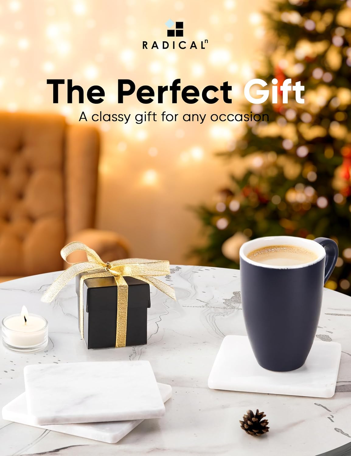 Radicaln Marble Coaster Set with Holder 3.5" Inches White Square Handmade Coasters Set of 6 for Coffee Bar Accessories Drink Coasters for Coffee Table D&eacute;cor Coasters for Drinks