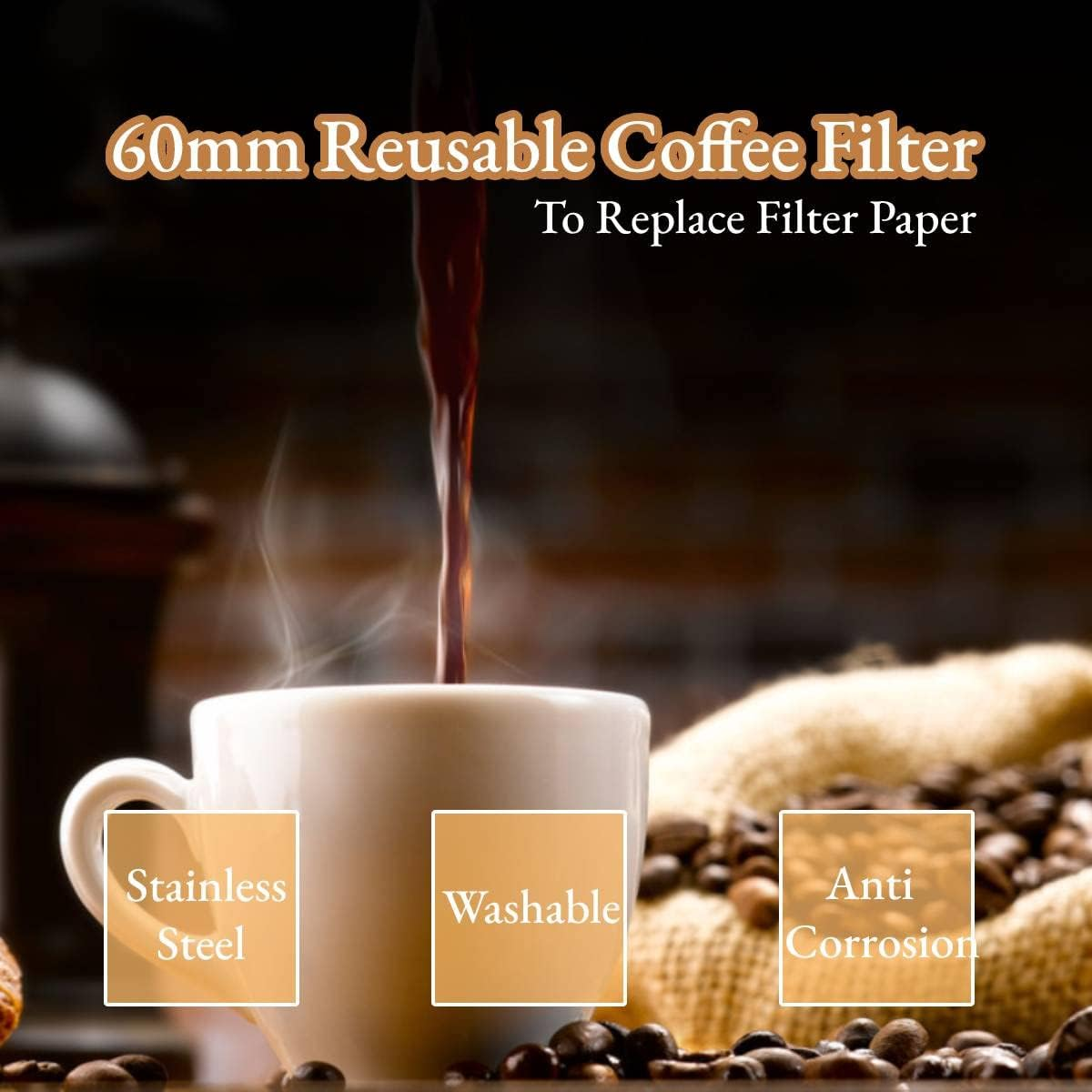 Yosoo Reusable Stainless Steel Coffee Filter 60Mm, Ultra Fine Mesh, Silver, 1 Count, Compatible with Coffee Maker image number 1