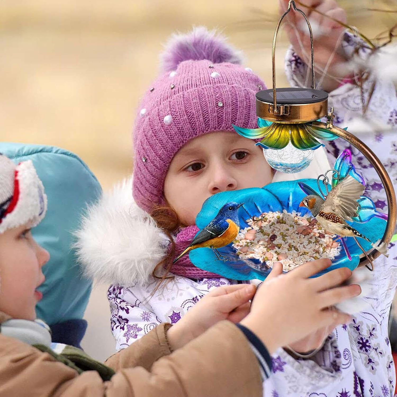 Metal Bird Feeder | Metal Lamp Feeder for Birds | Solar Powered Eaturing an Irregular Interior Pattern and a Bright and Warm Night image number 5