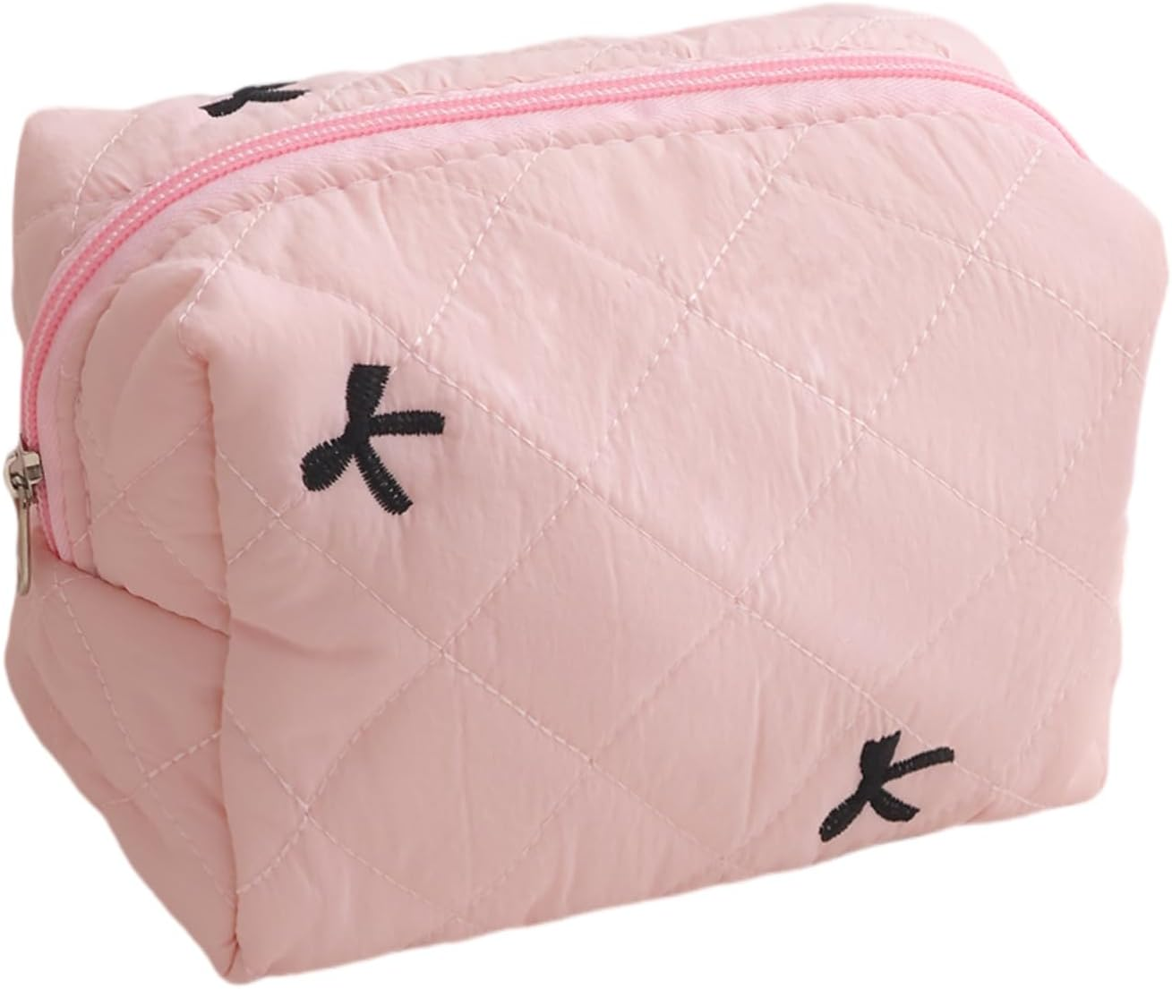 DDPOND Small Quilted Makeup Bag Coquette Mini Cosmetic Bags Aesthetic Trave Purse Cute Bowknot Pouch for Women Travel Toiletry Organizer Case (Pink)