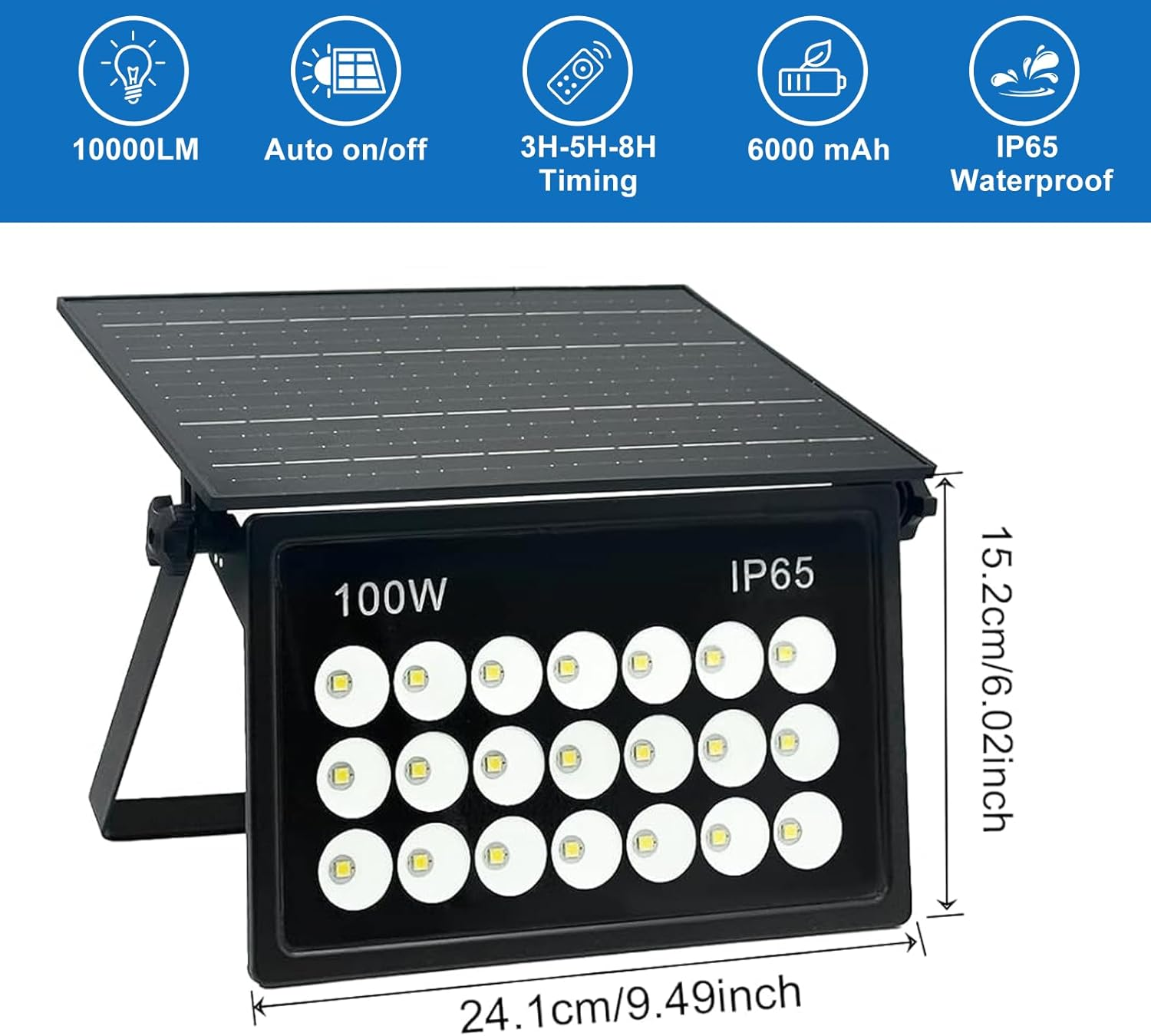 100W Solar Lights Outdoor Waterproof, Dusk to Dawn Solar Powered Security Lights, Solar LED Flood Lights Outdoor, 6500K Cool White, for Porch, Patio, Yard, Garage, Garden image number 6