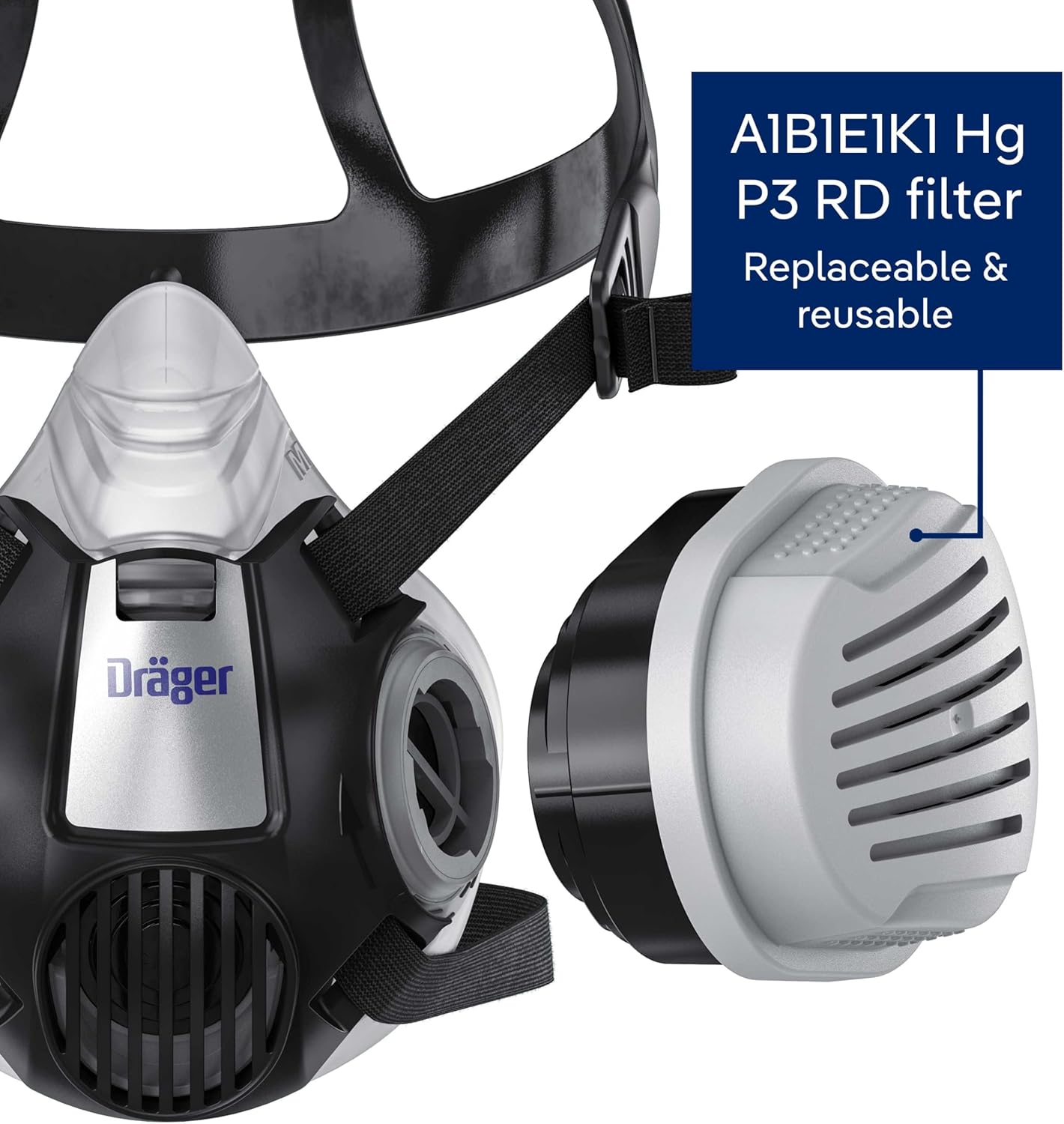 Dr&auml;ger X-Plore 3300 Chemical Half Mask Respirator Set with 2X ABEK1 Hg P3 RD Filters for Chemical Work, Toxic Gas & Organic Vapours | Size L image number 3