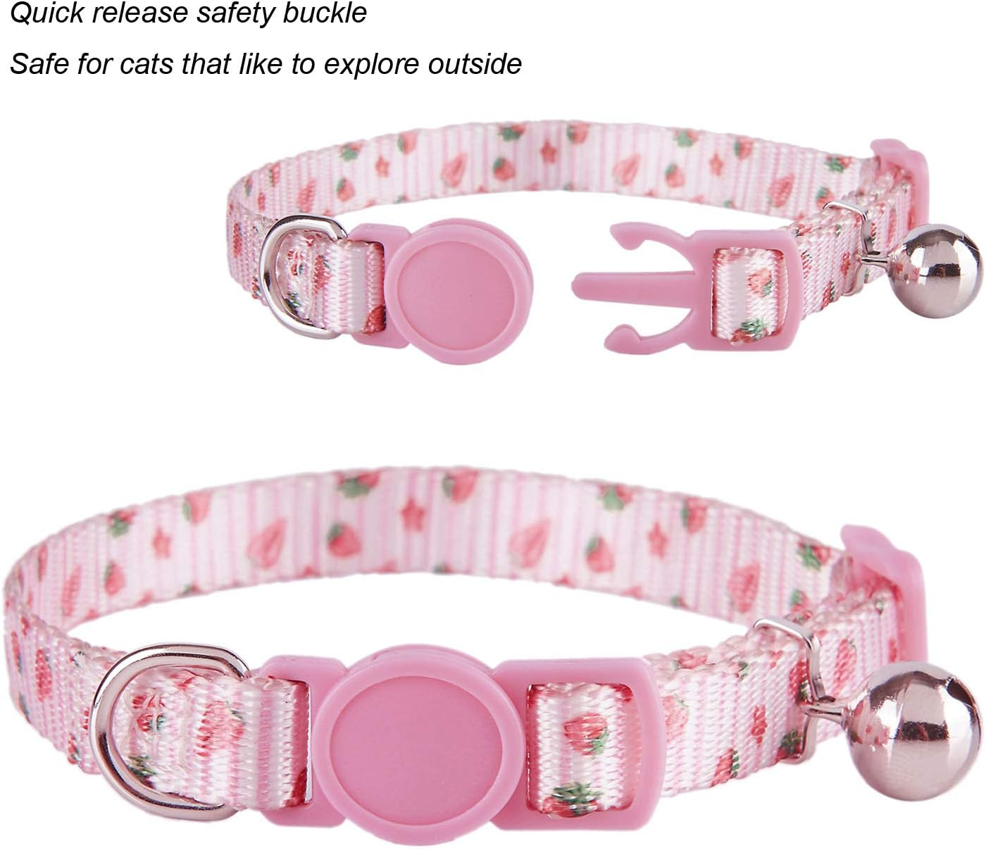 Cat Collars Pack of 2, Colorful Printed Basic Strong Girls Cat Collar Quick Release with Removeable Bell, Pink Purple image number 3