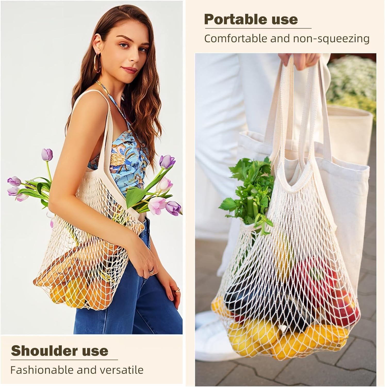 Mesh Grocery Bags 2 Pack Reusable Shopping Bags Extra Large Produce Bags Long Handle Net Tote Bags 100% Cotton String Bags Lightweight Organizer Portable Washable Bags for Fruit Vegetable Storage