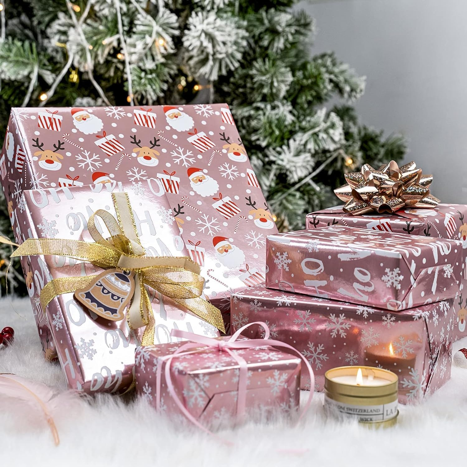 Pink Metallic Christmas Wrapping Paper Santa/Snowflakes/Ho Print | Recyclable Foil Gift Wrap for Beach Xmas, Office Kris Kringles & Last-Minute Presents (3 Rolls,43.2Cm X 3M) image number 5