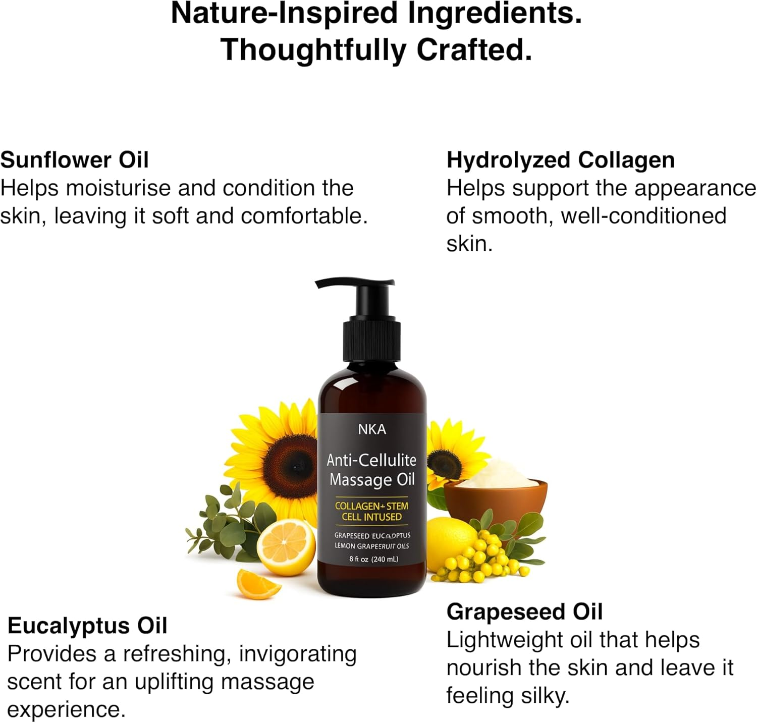 Anti-Cellulite Massage Oil &ndash; Collagen & Botanical Blend with Grapeseed, Eucalyptus, Lemon and Grapefruit Oils &ndash; Moisturising Body Oil for Smooth, Soft Skin &ndash; 240 Ml Pump Bottle image number 5