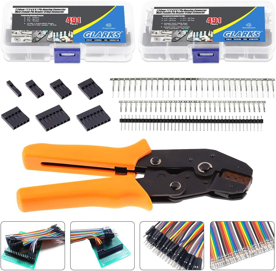 Glarks 486Pcs Wire Crimper Plier with Connector Set, SN-28B Ratchet Crimping Tool with 485Pcs 2.54Mm 1 2 3 4 5 6 7 Pin Housing Connector Male Female Pin Header Crimp Connector for AWG28-18 Dupont Pins image number 1