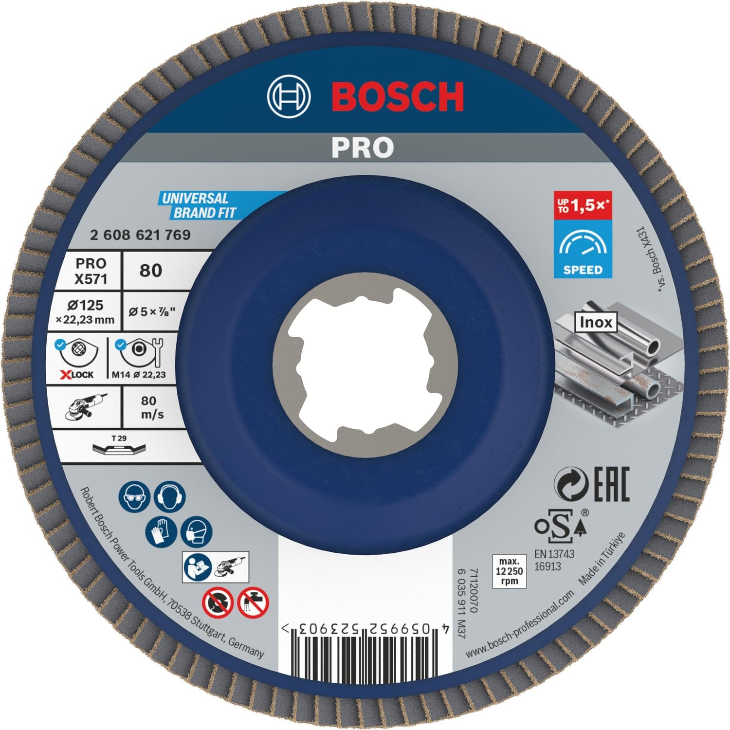 Bosch 1X PRO X571 Flap Disc, Angled Version, X-Lock (For Steel, Stainless Steel, &Oslash; 125 Mm, Grit 80, Professional Accessory Small Angle Grinder) image number 2