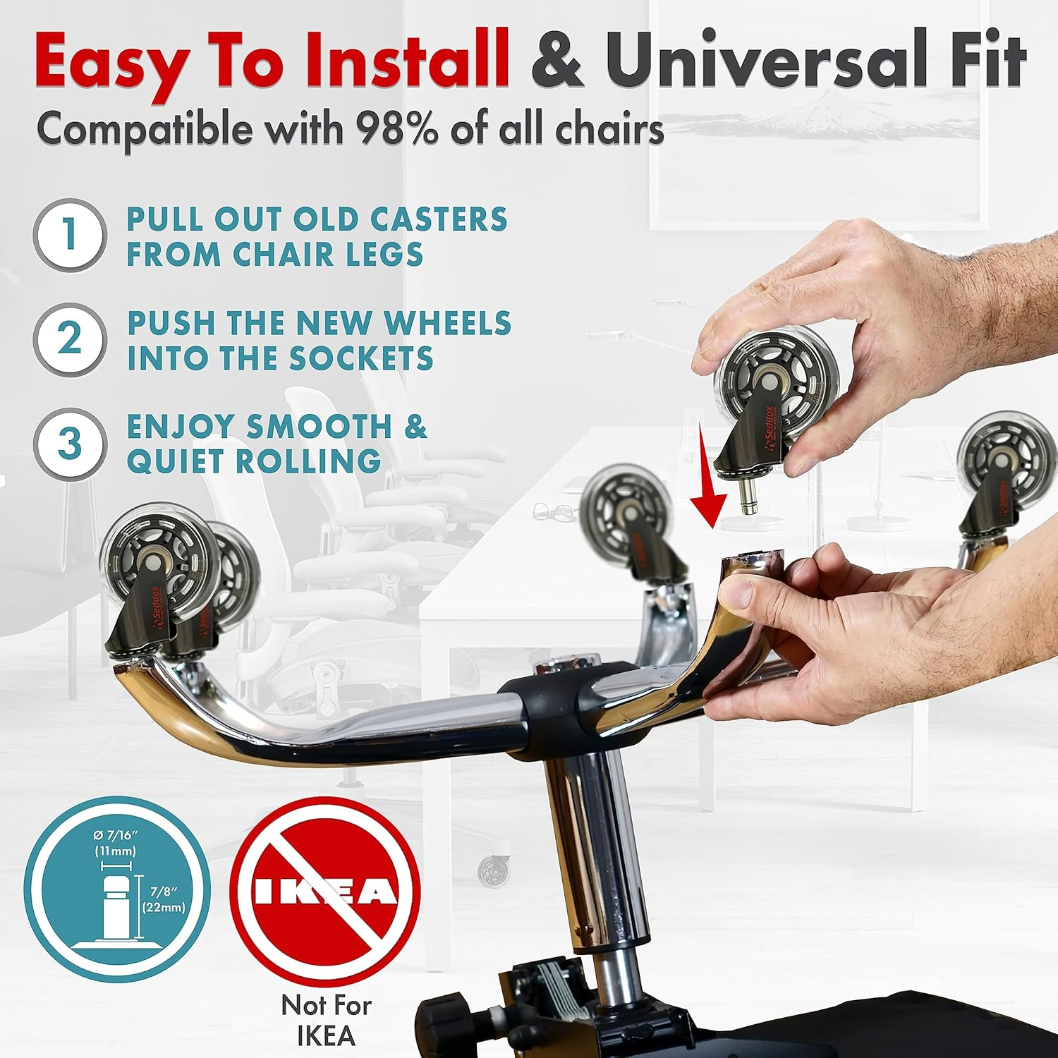 Professional Office Chair Caster Wheels Gift Set of 5 - Protect All Your Floors - 3'' Heavy Duty Replacement Rubber Desk Chair Casters - Best Protection for Your Hardwood Floors image number 6