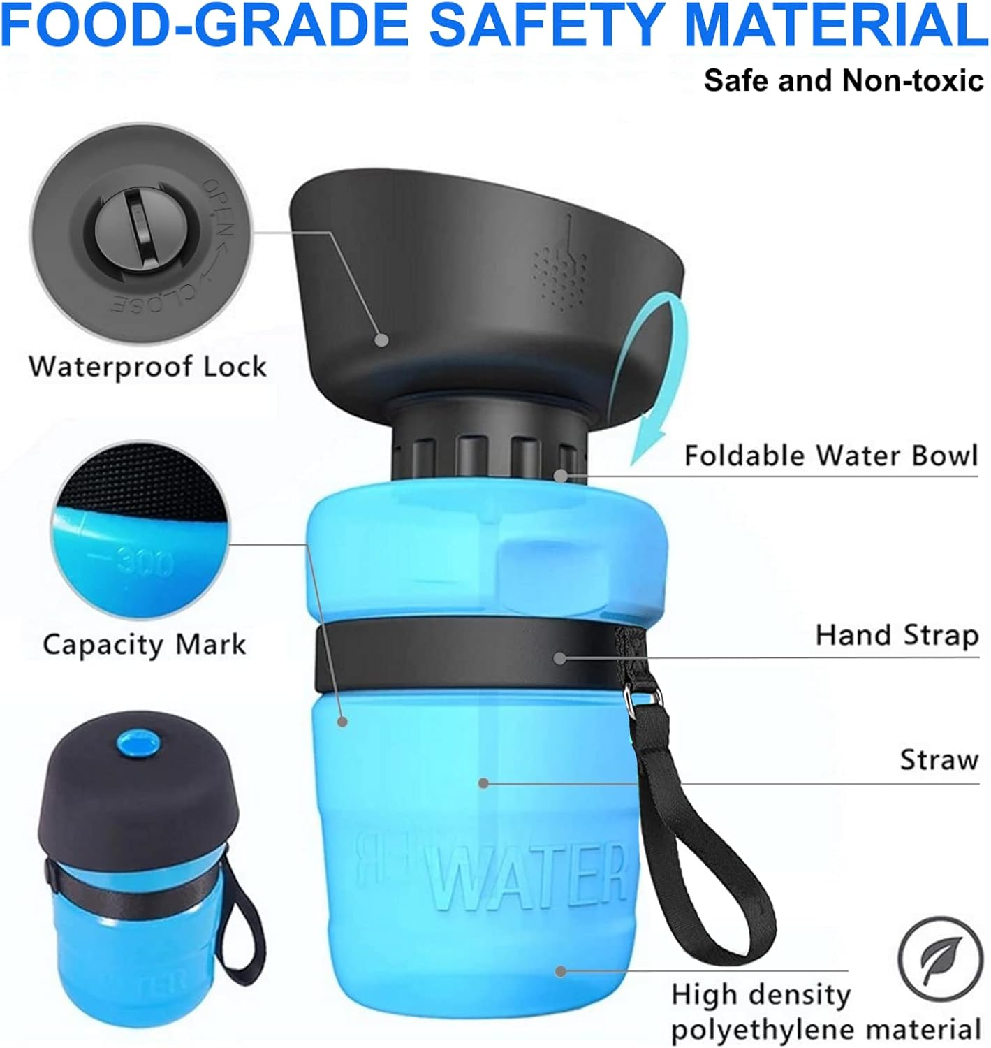 Pet Water Bottle, Folding Silicone Lid/Bowl, Food Grade, Travel Water Bottle, Dog Water Bottle (Blue) image number 2