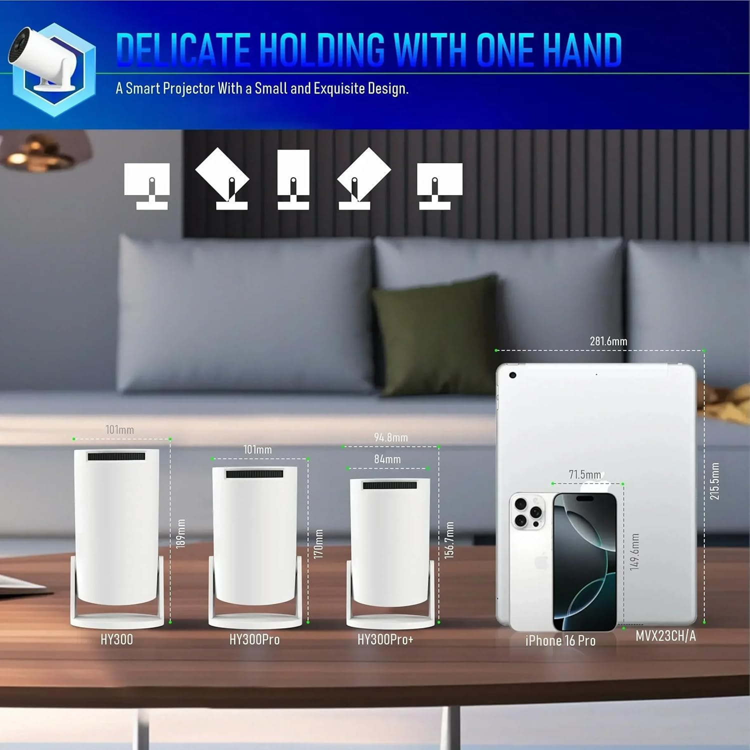 Mini Projector,Hy300 Pro+ Smart Projector, 4K Portable Projector with Android 11 Wifi 6 Bluetooth5.4, 130'' Screen,180 Rotation, Auto Keystone Home Theater Projector for Laptop, PC, Smartphone image number 6