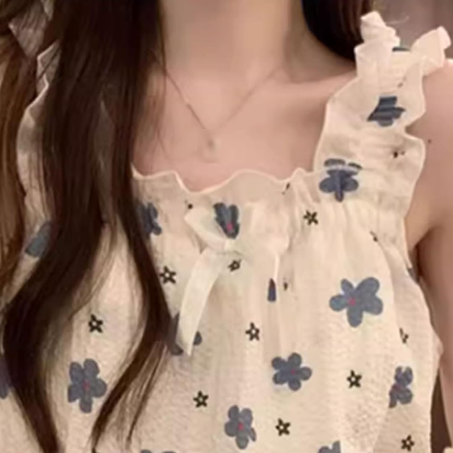 Polyester-Cotton Blended Nightgown Suspenders with Chest Pads Nightdress Loose Thin Can Be Worn Outside image number 4